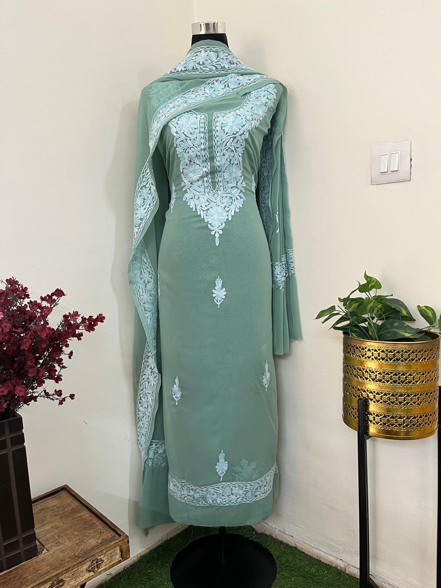 Tea Green Georgette Kashmiri Suit