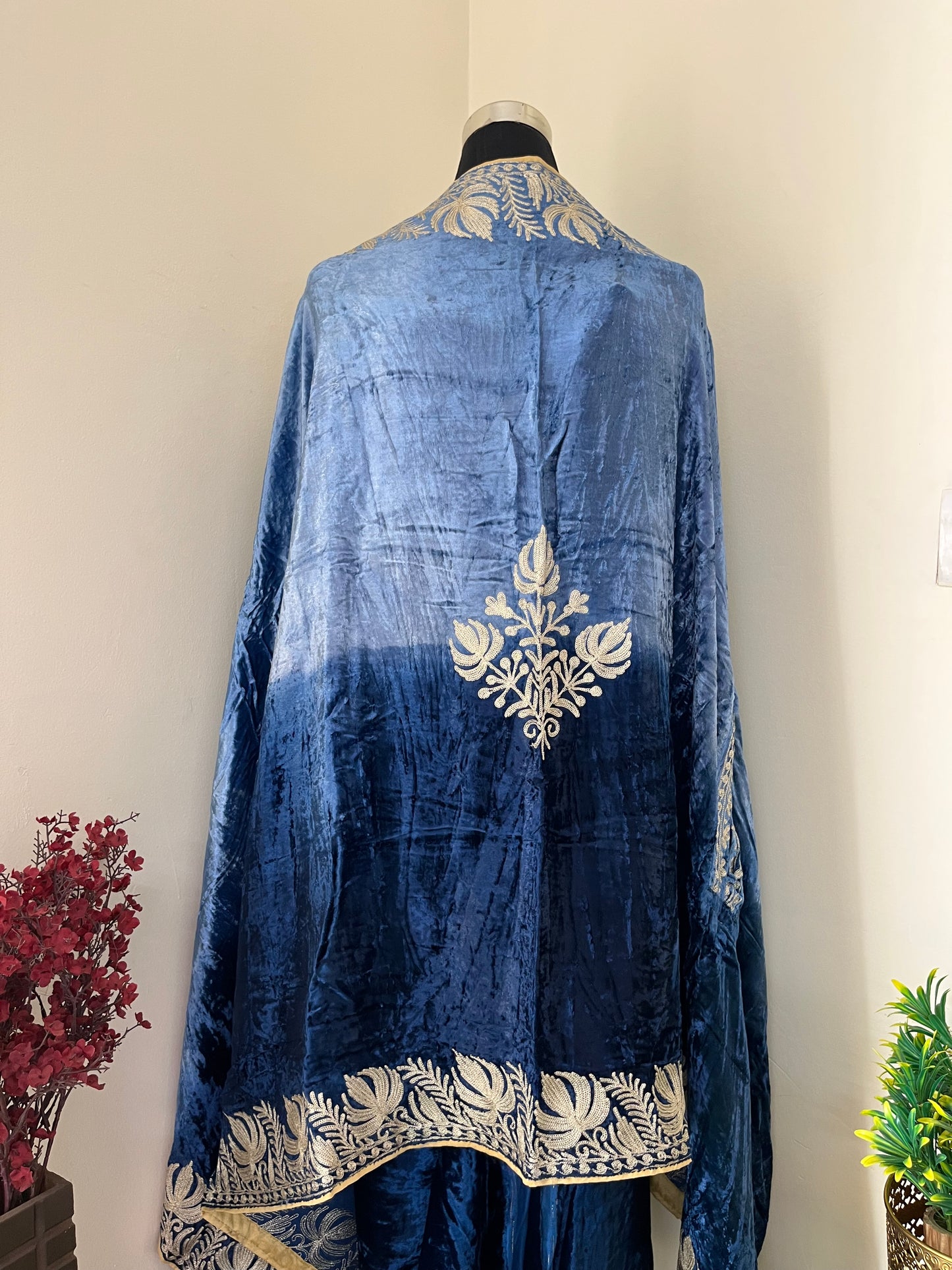 Haze Blue Tye Dye Tilla Embroidered Pure Makhmal Shirt and Cape Set