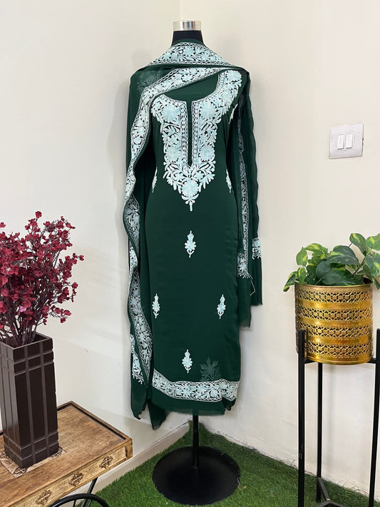 Georgette Green 3 Pc Aari Embroidered Suit Set