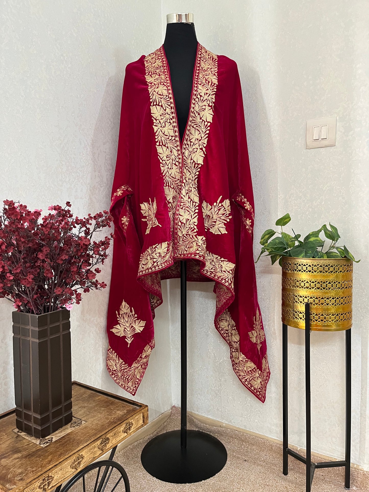 Hot pink Tilla Embroidered Velvet Cape