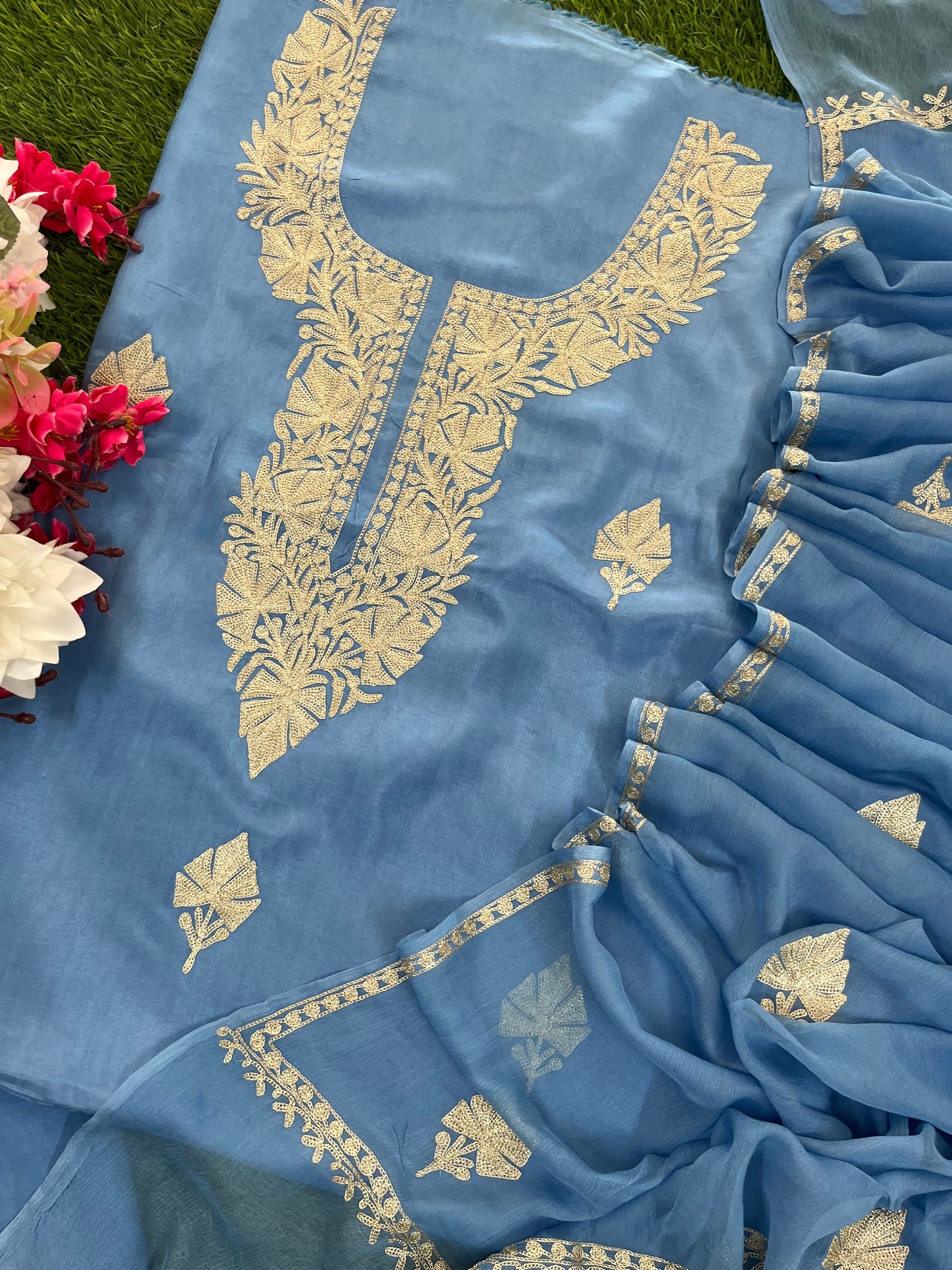 Soft Blue Silk Tilla Kashmiri Suit