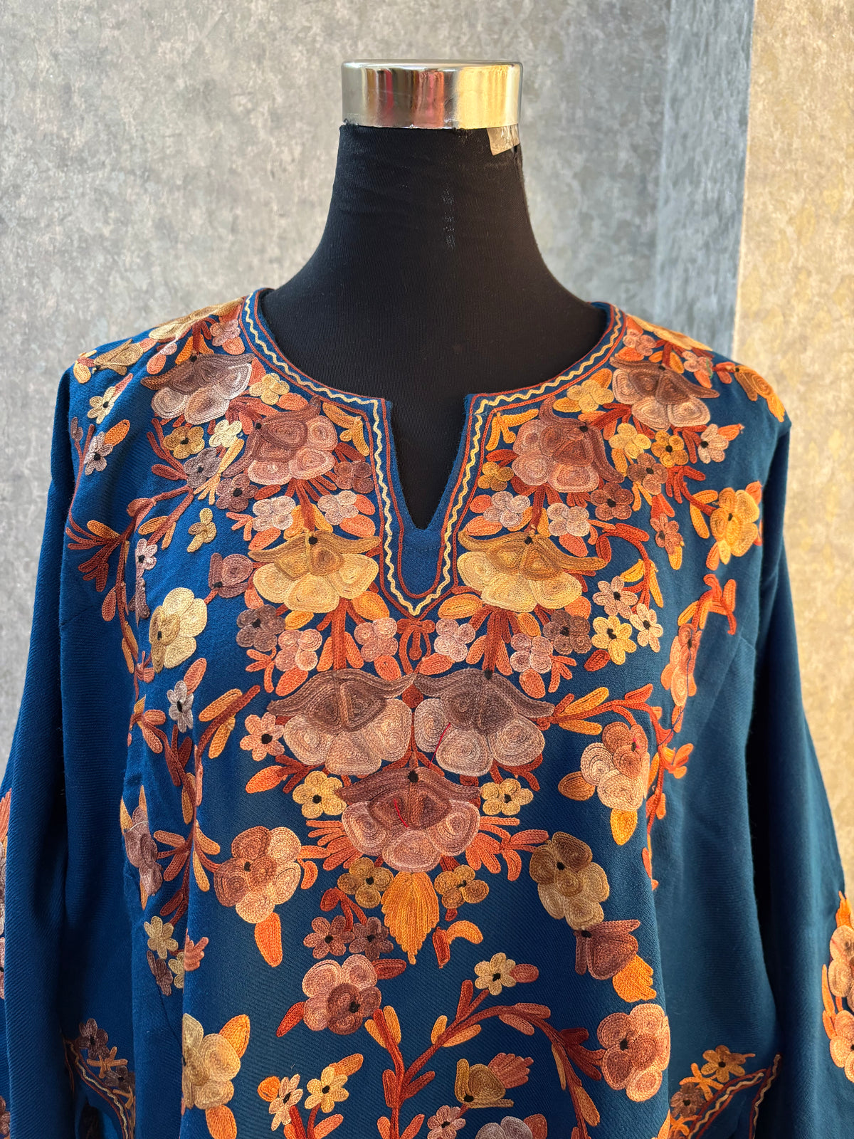 Peacock Blue Aari Embroidered Wool Pheran
