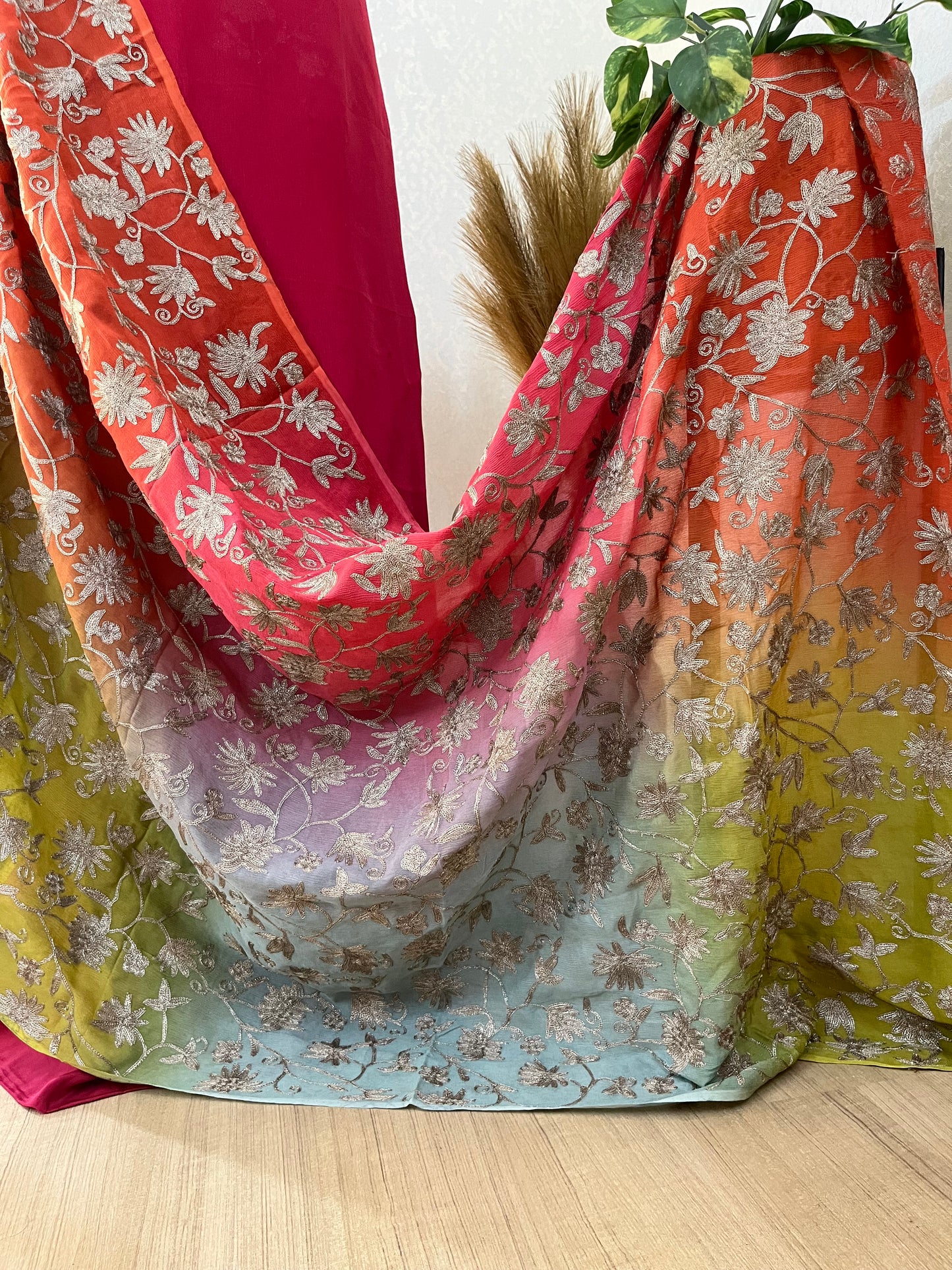 Coral Pink Pure Chinon 3 Pc Heavy Kashmiri Suit