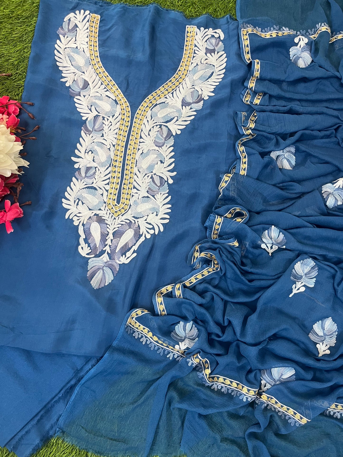 Soft Blue Opada Silk Kashmiri Suits