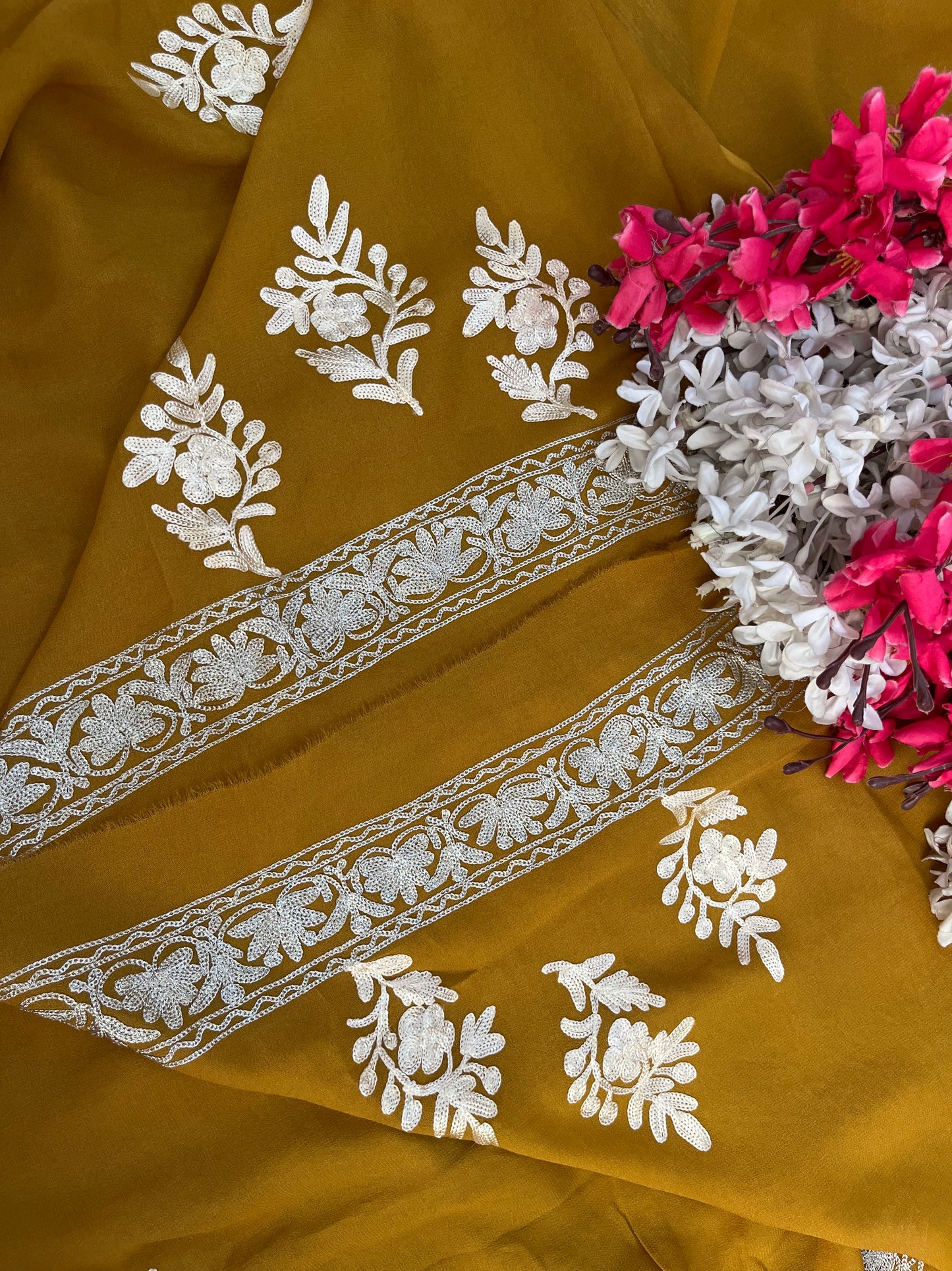 Mustard Pure Georgette 3 Pc Heavy Kashmiri Suit