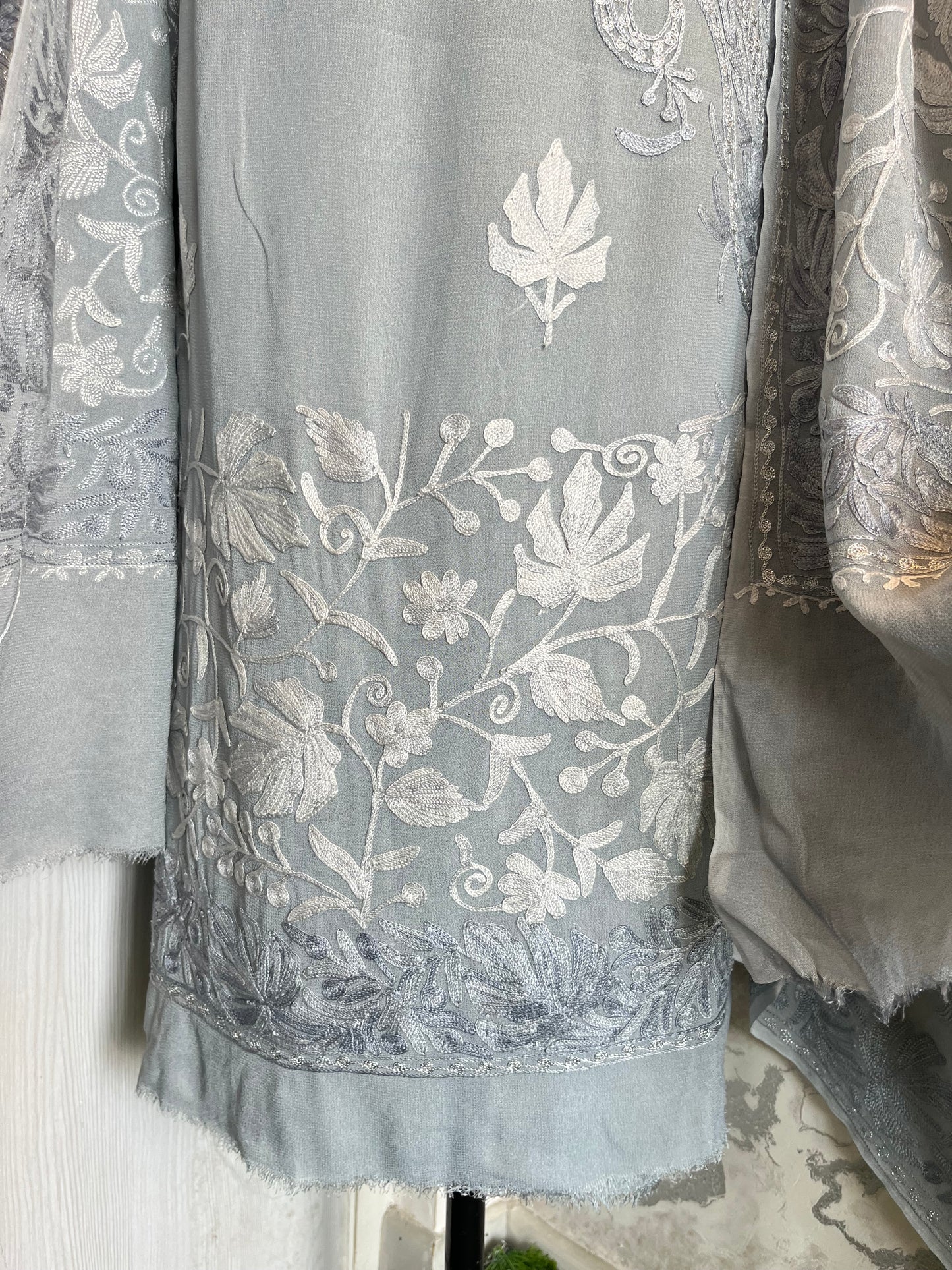 Grey Pure Georgette Aari Embroidered Suit