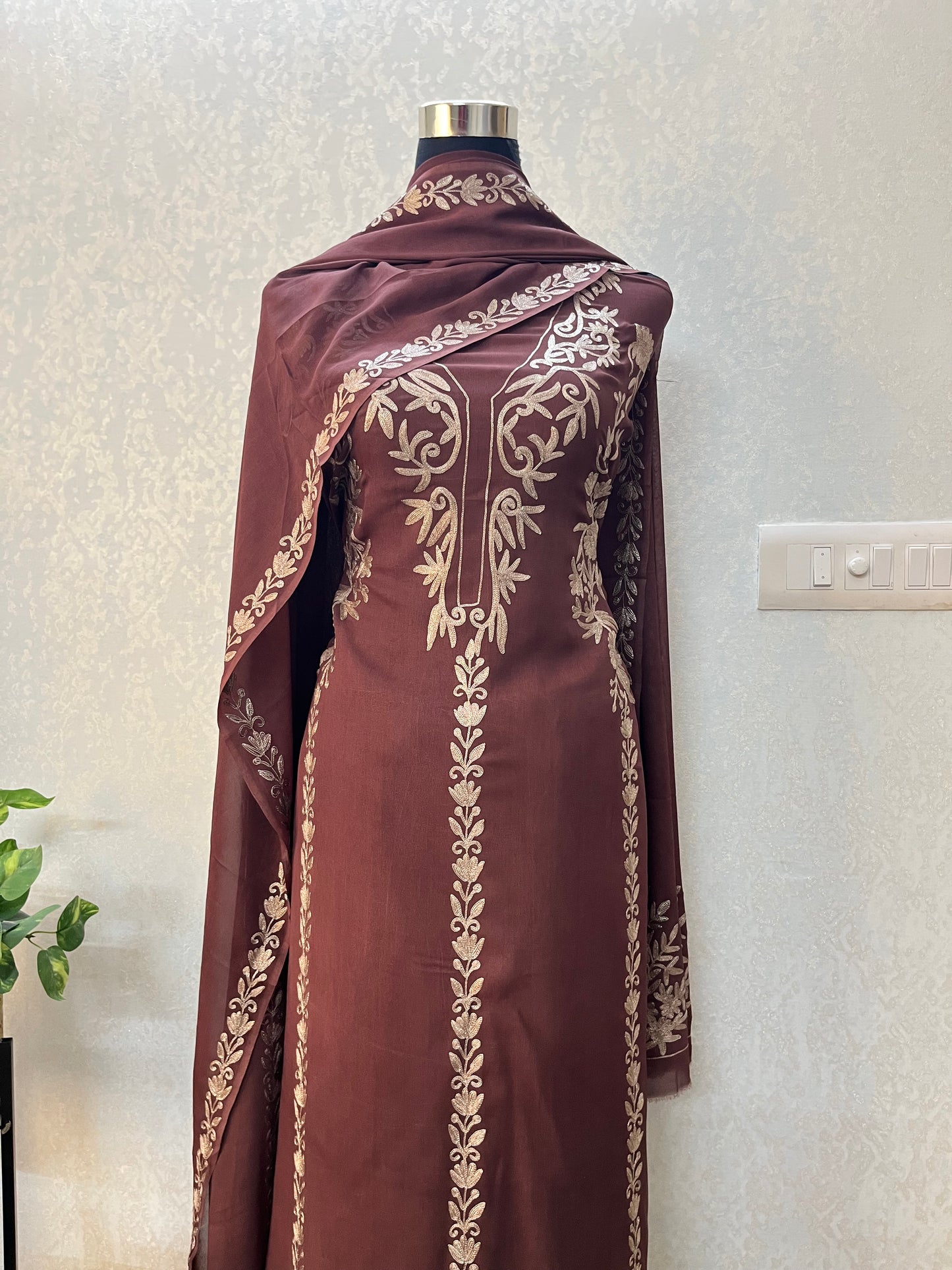 Brown Pure Georgette Oxidised Tilla Kashmiri Suit