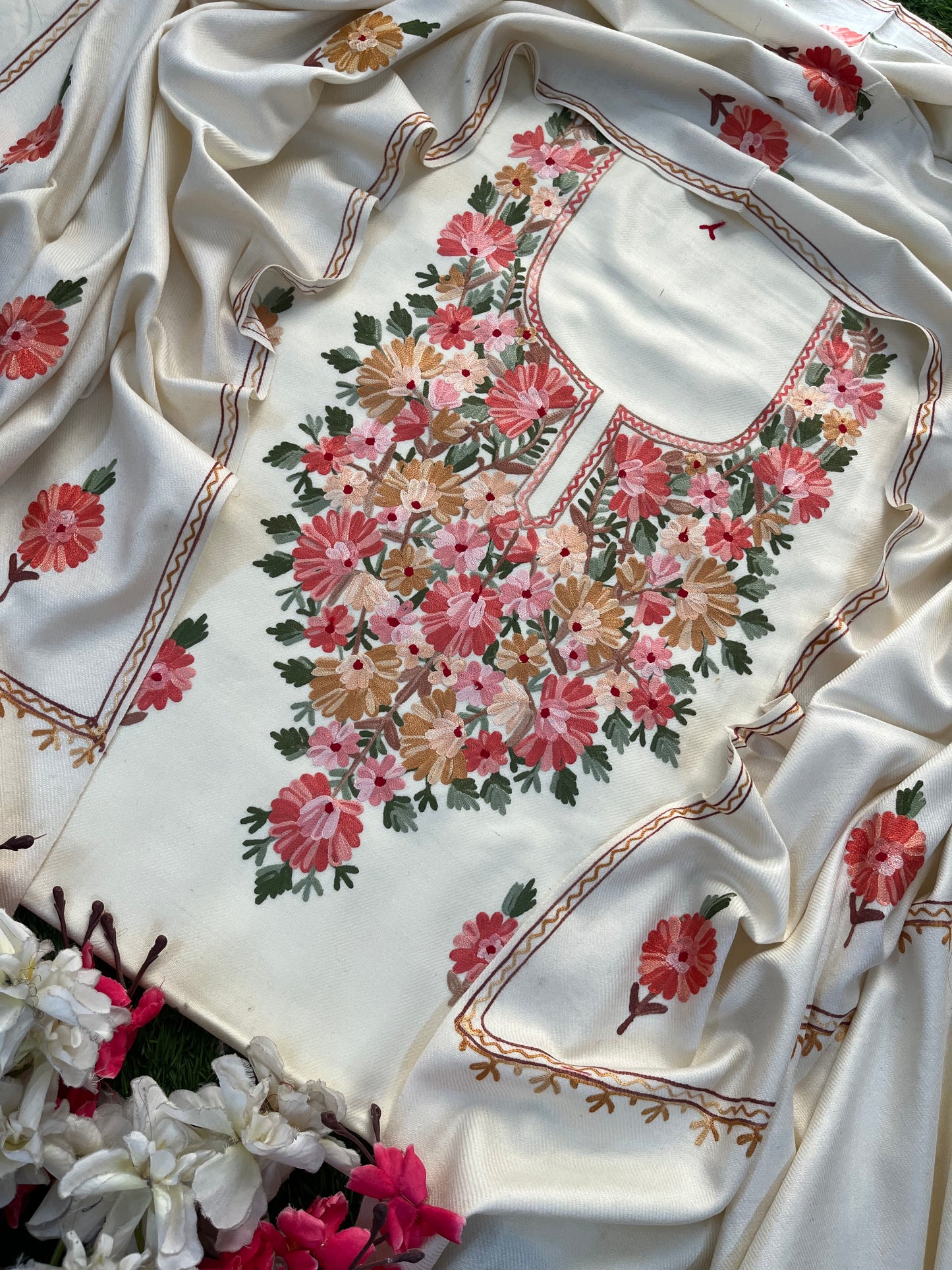 Off White Woollen Aari Embroidered 3pc suit