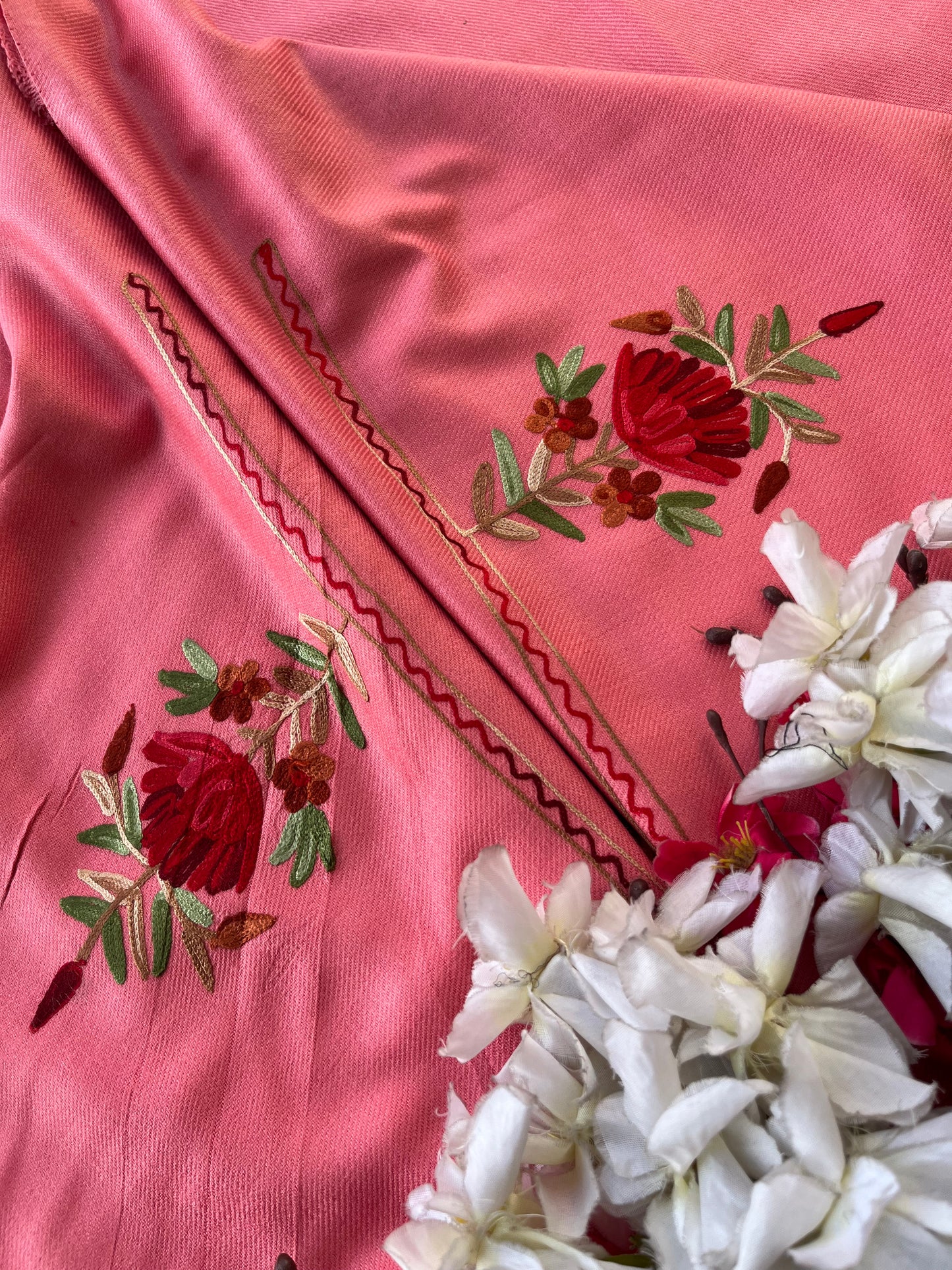 Soft Pink Woollen Aari Embroidered 2pc suit 5mtr