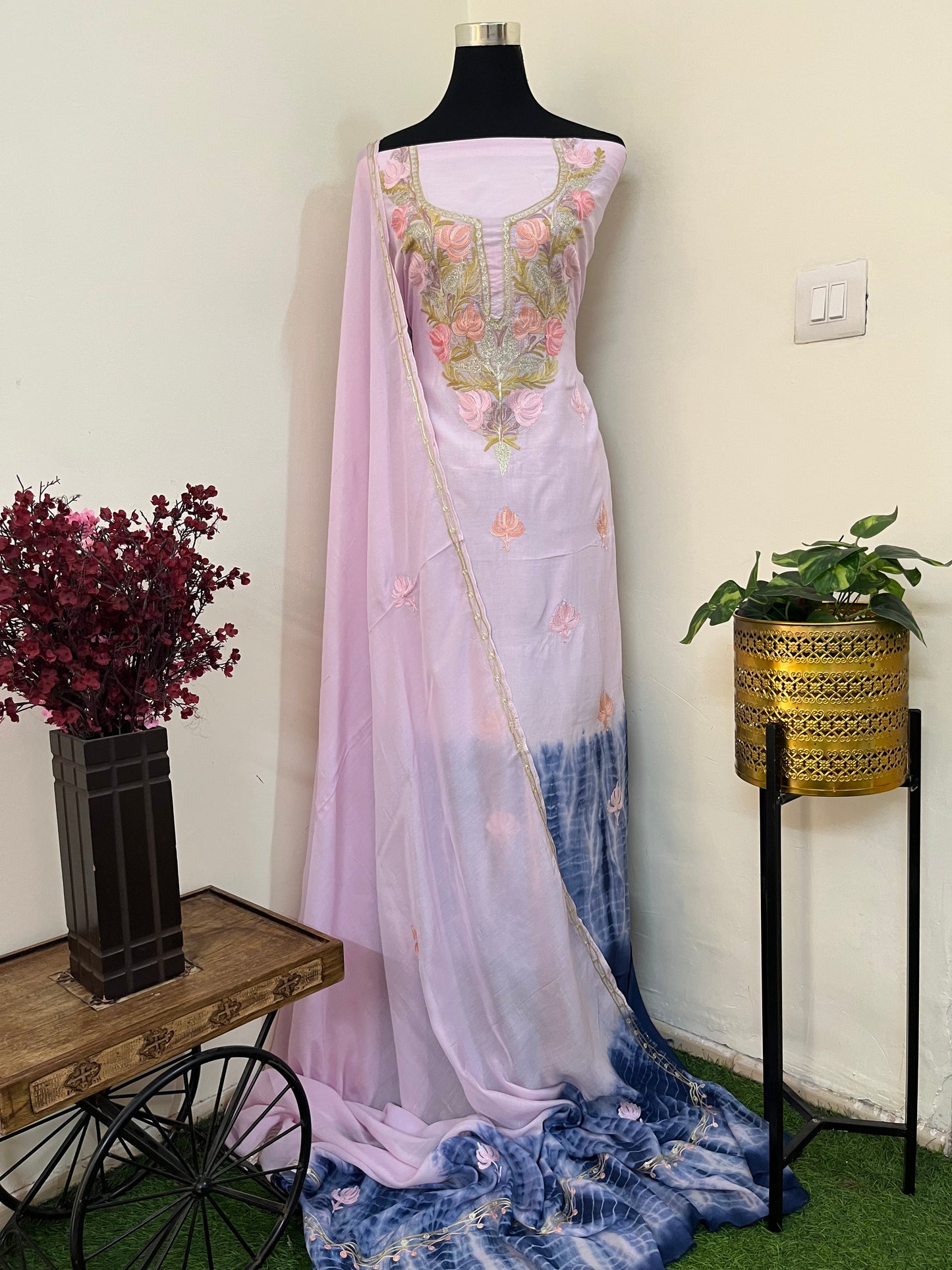 Pink Mul Cotton Shibori Work Kashmiri 3pc Suit