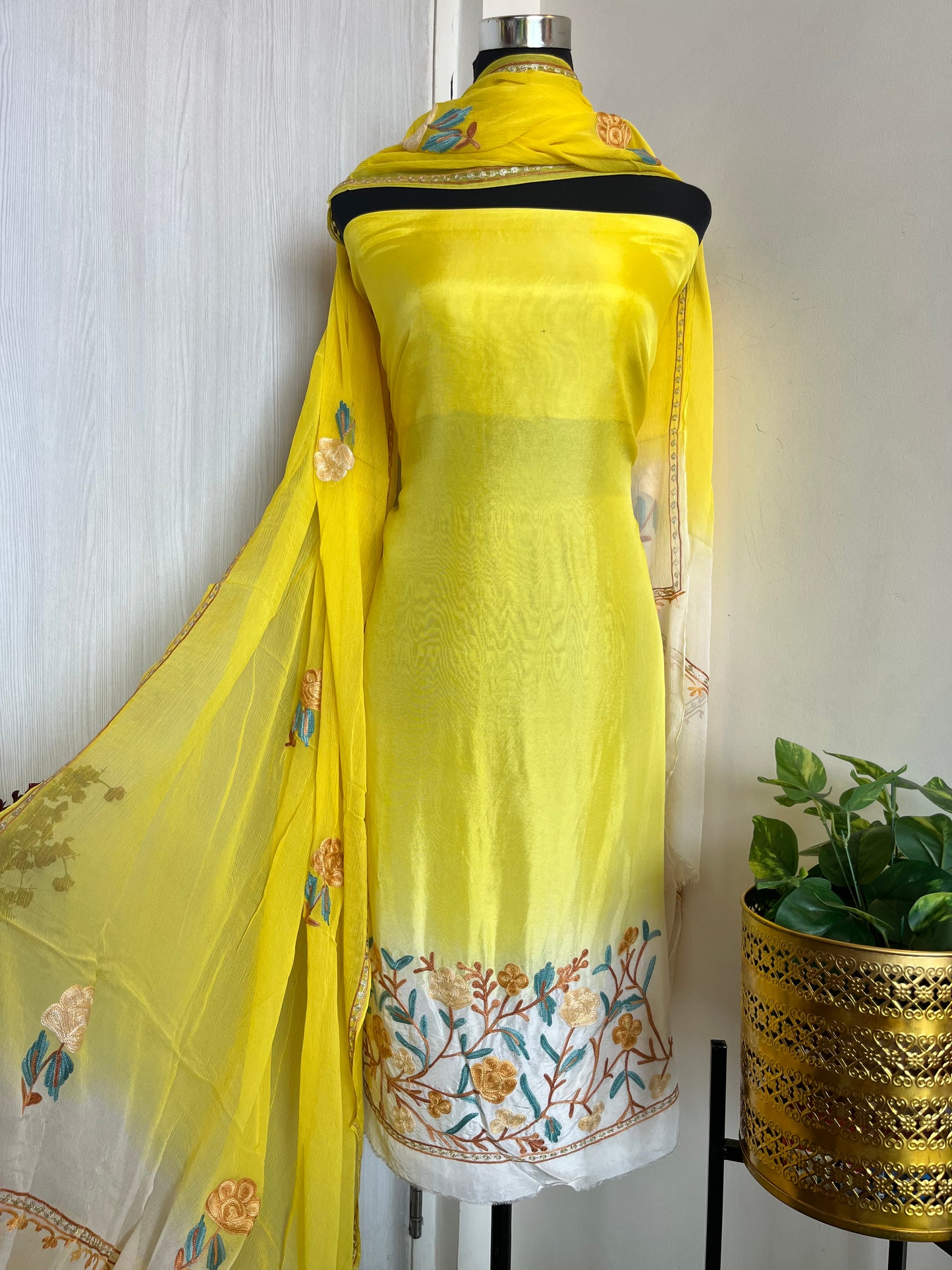 Yellow Opada Tye Dye Aari Embroidered Suit material