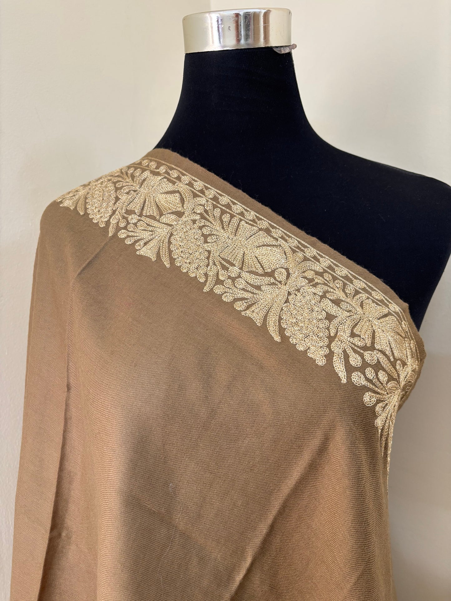 Beige Fine Semi Pashmina Tilla Embroidered stole