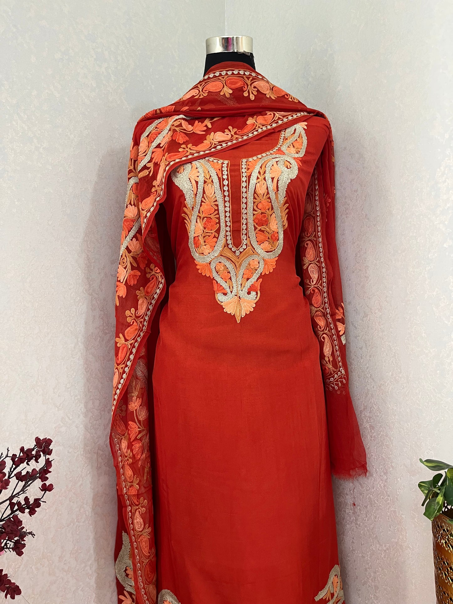Rust Orange Opada Silk Kashmiri Suits