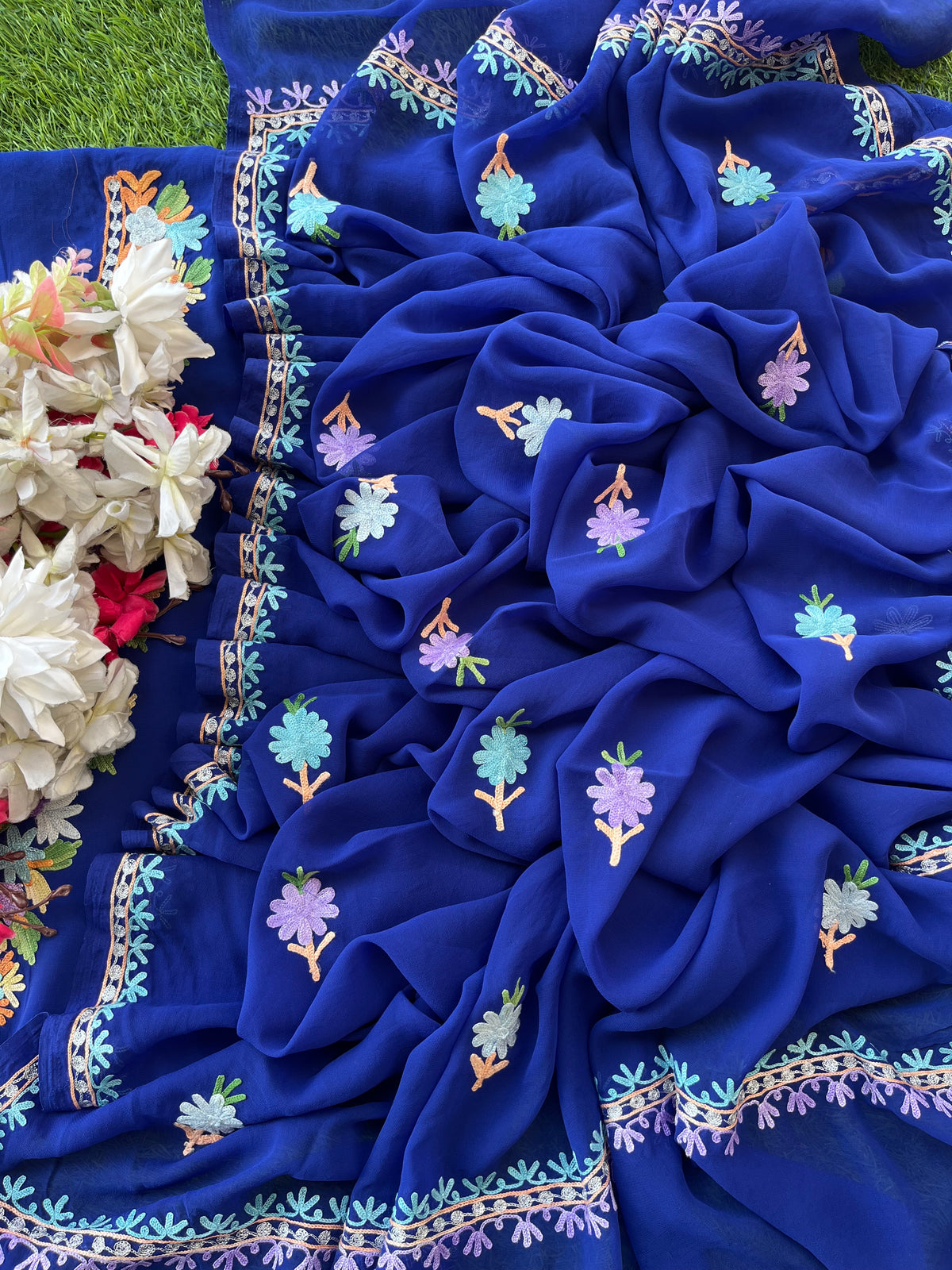 Georgette Electric Blue Aari Embroidered Suit set