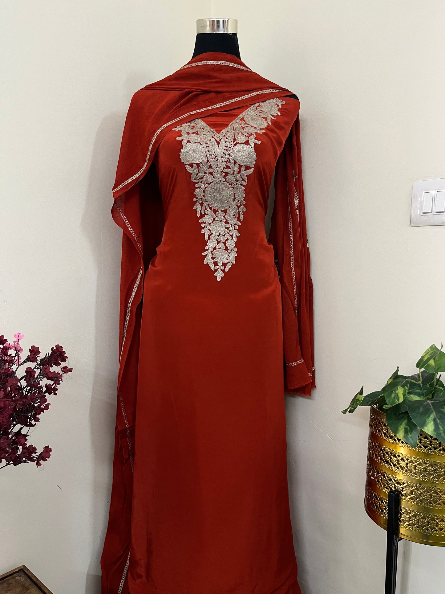 Kalaa’ Tangerine Crape Kashmiri Suit