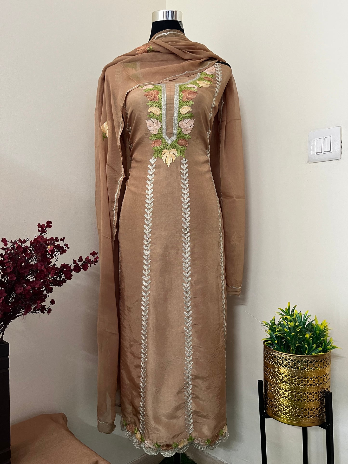 Sanam’ Coffee Brown Silk Aari Embroidered Suit material