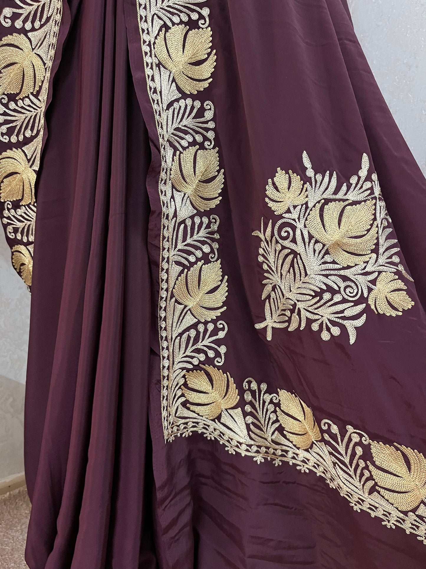 Wine Crape Kashmiri Tilla Saree