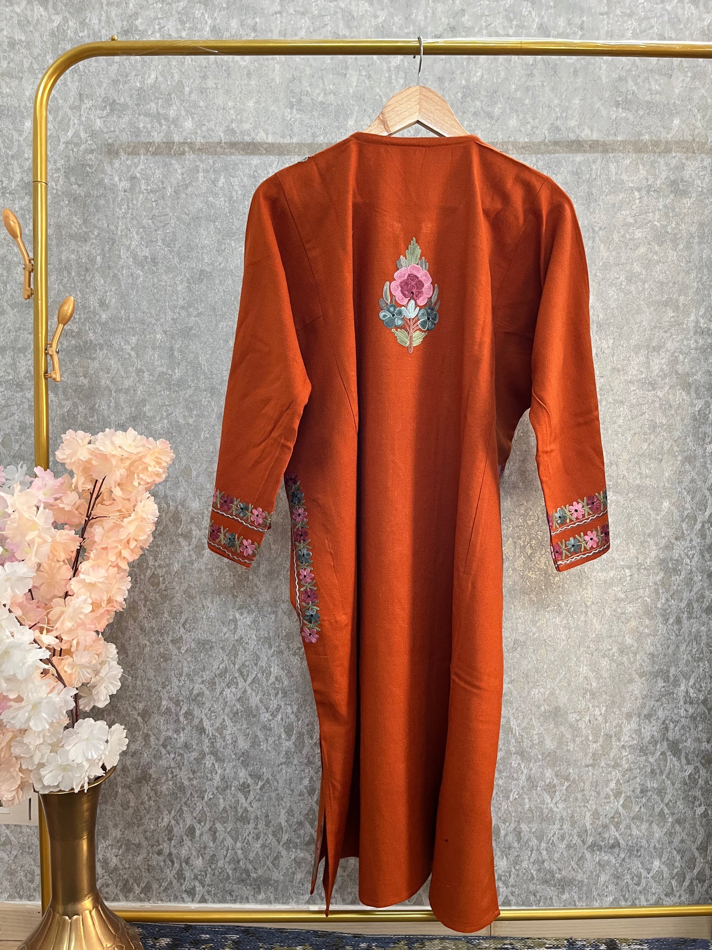 Orange Aari Embroidered Wool Pheran