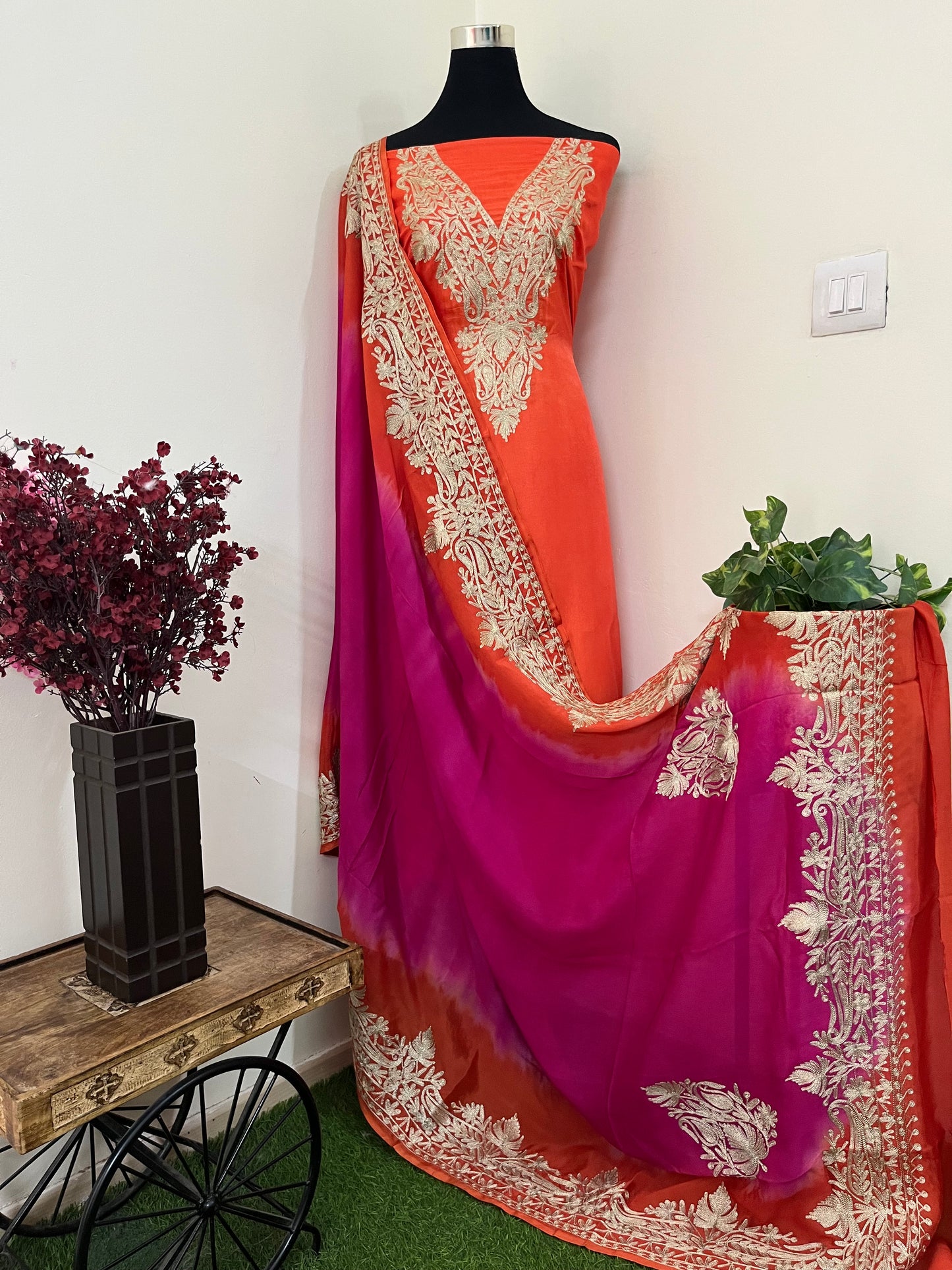 Sanam Orange Silk Kashmiri Suit