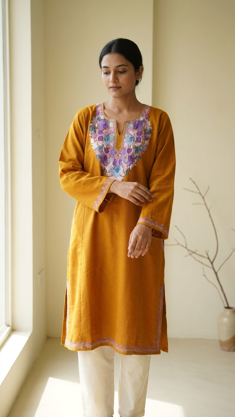 Mustard Aari Embroidered Wool Pheran