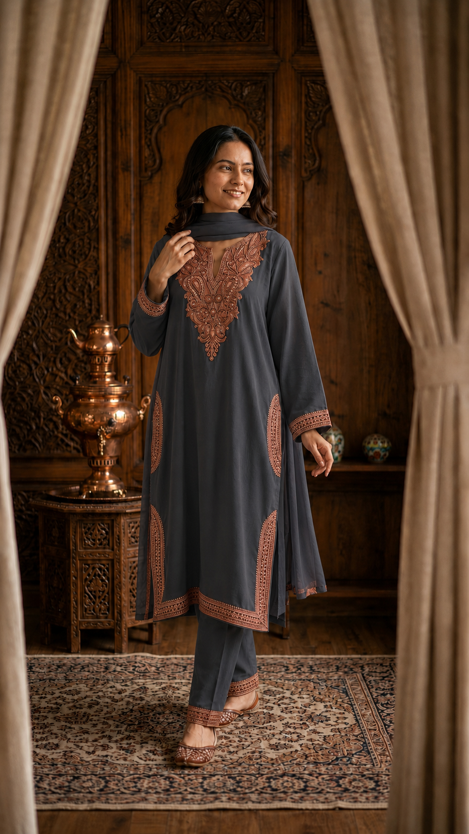 Steel Grey Stitched Crape Pheran Set with dupatta (Upto 46)