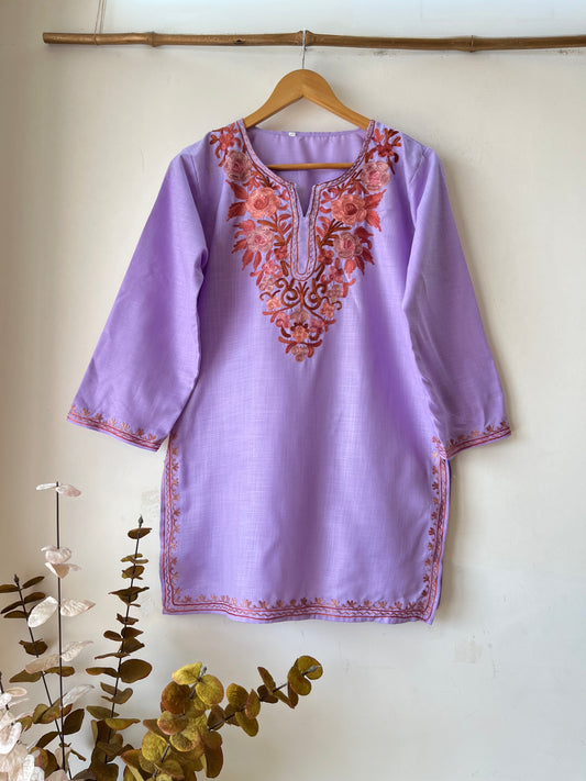 Lavender Cotton Aari Work Kurti