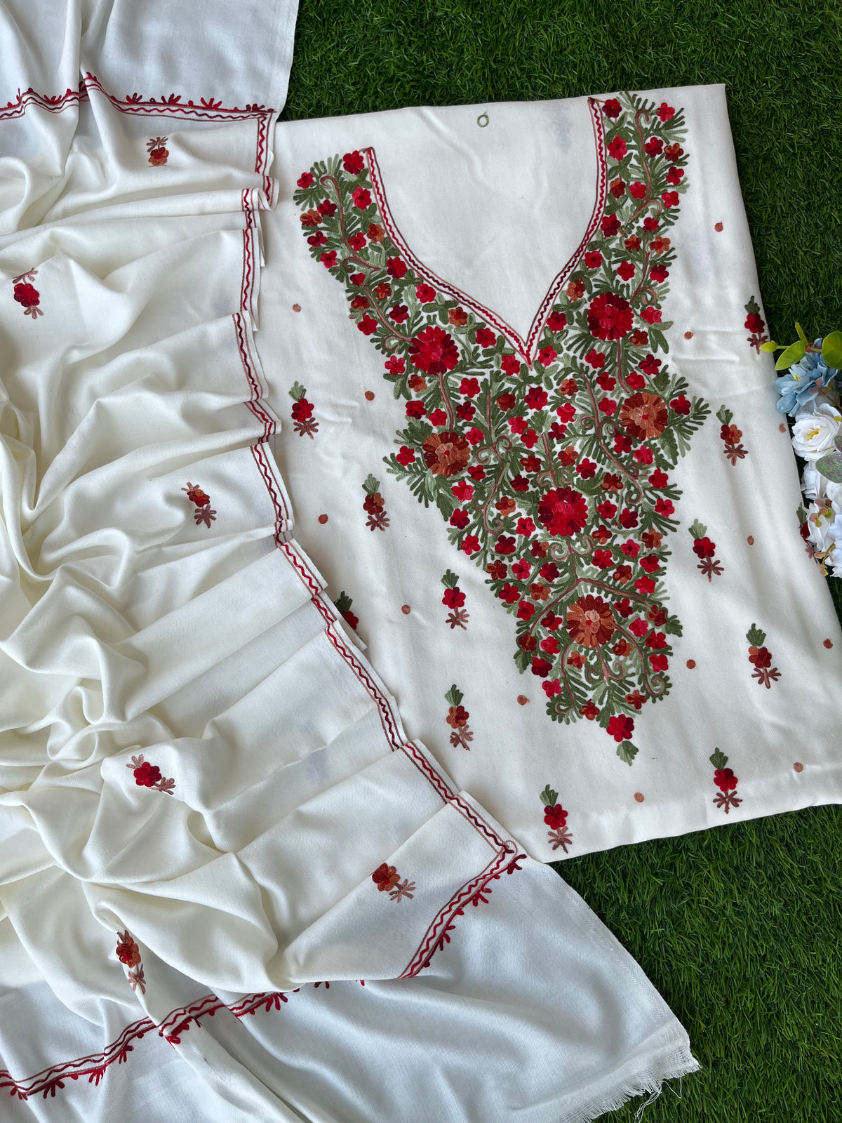 Off White Woollen Aari Embroidered 3pc suit