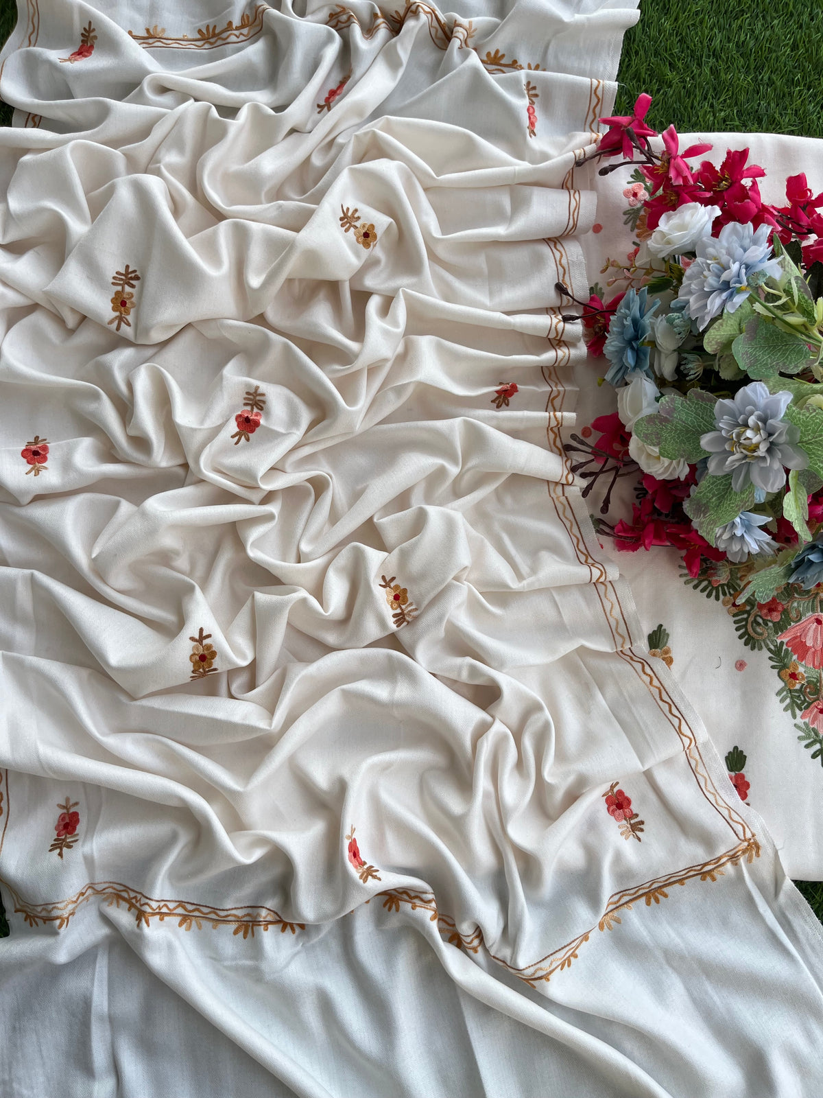 Off White Woollen Aari Embroidered 3pc suit