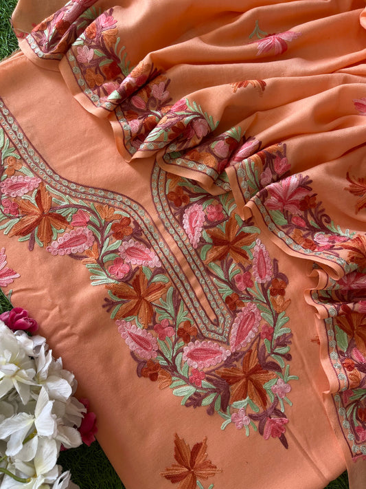 Peach Pure Wool Aari Embroidered 3pc Suit Stole