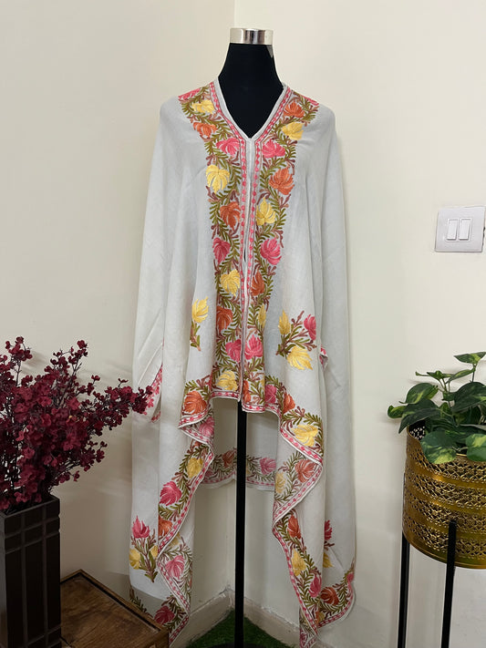 Cream Aari Embroidered Pure Wool Cape