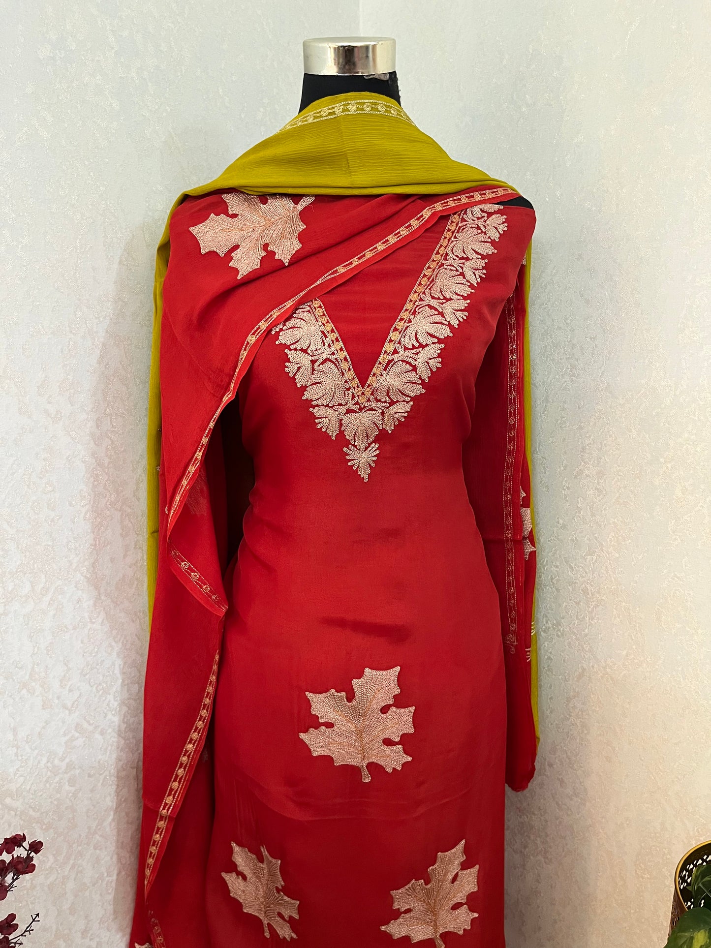 Red Sanam Silk Kashmiri Suit