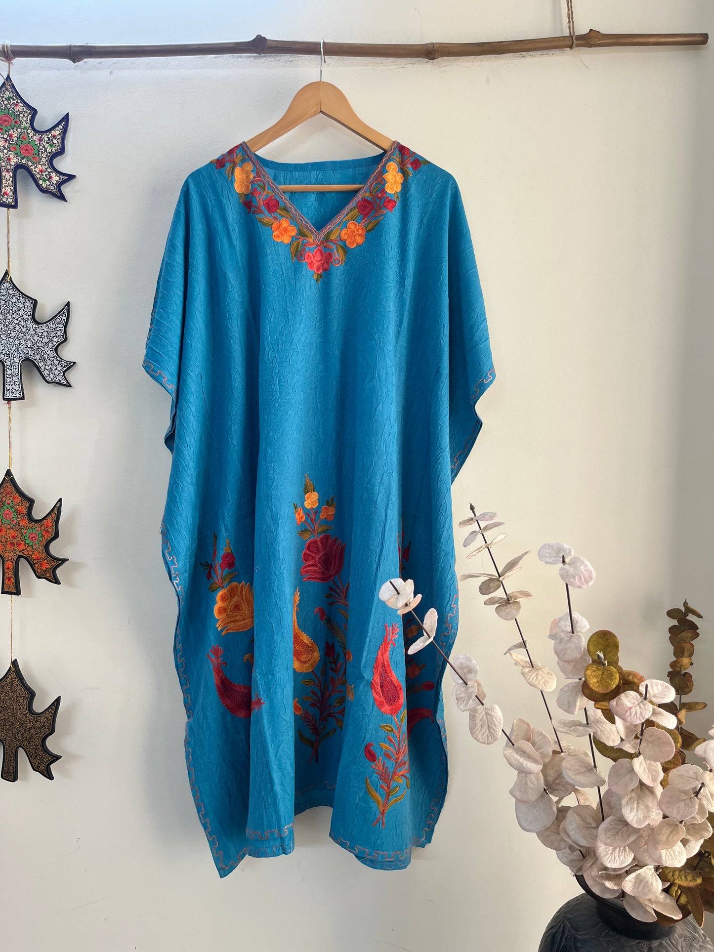 Crush Cotton Sky Blue Aari embroidered Kaftan