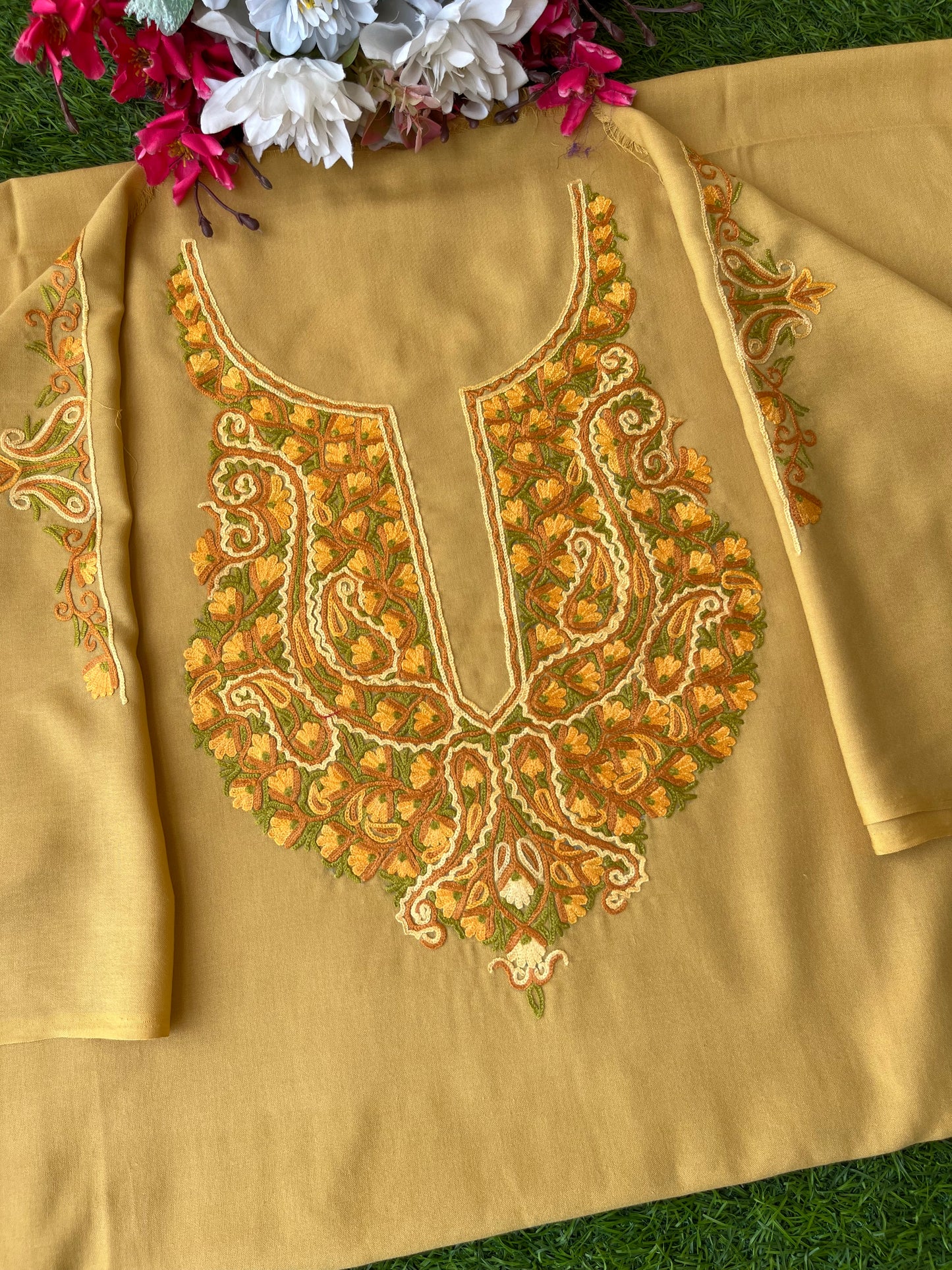 Beige Cotton Two Piece Suit (Hand Embroidered)
