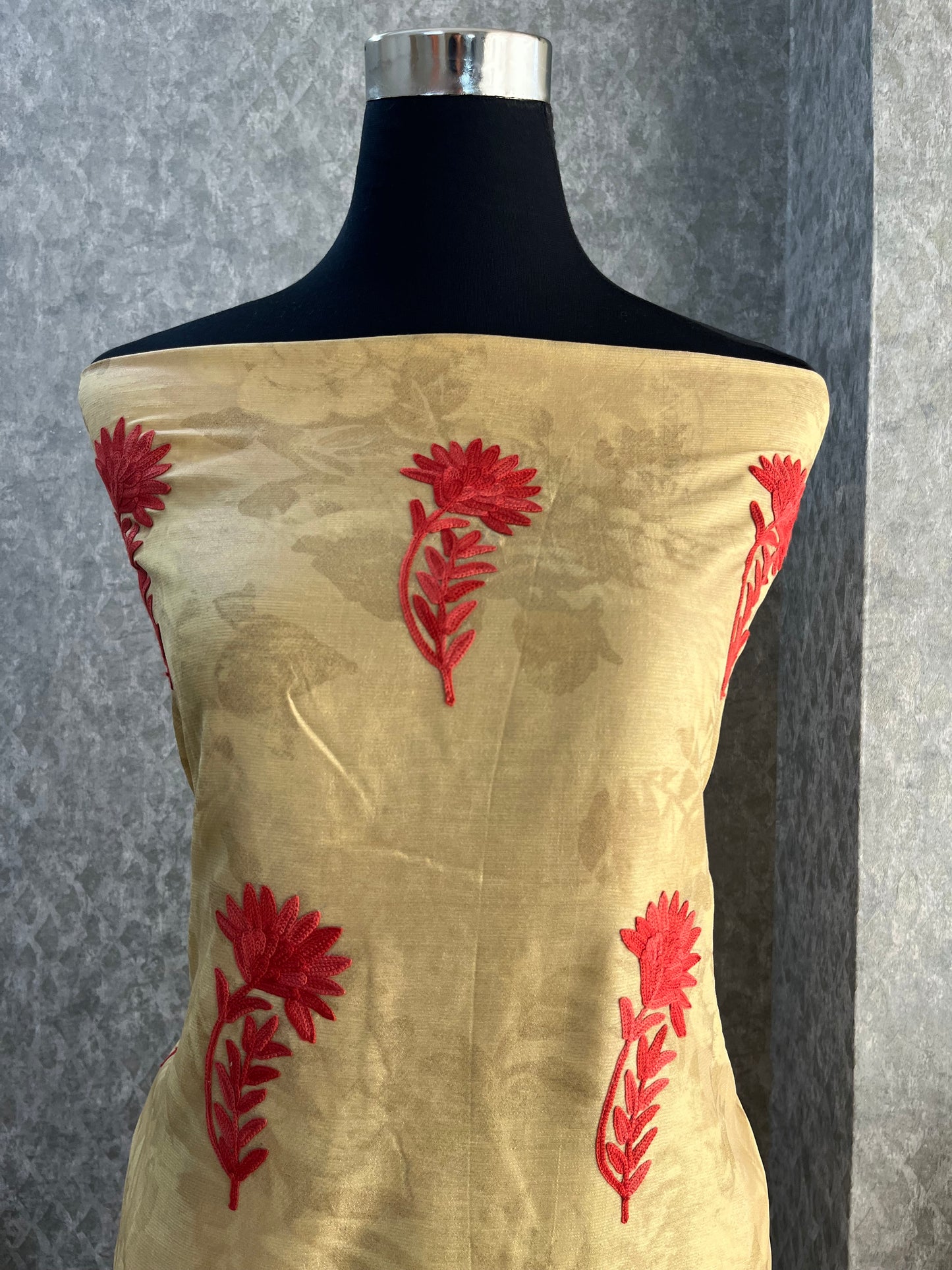 Mustard Gold Self Work Satin Cotton Unstitched Co-ord Set