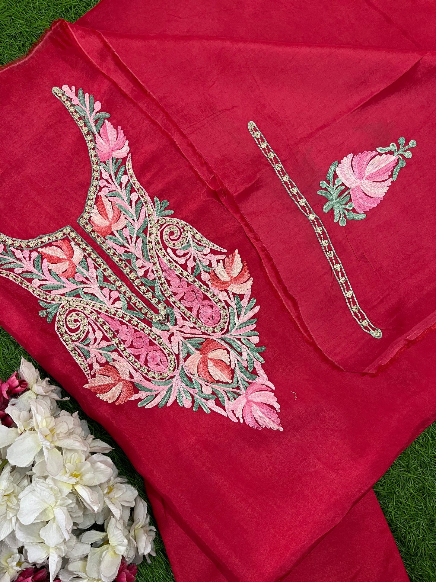 Carrot Red Opada Silk Kashmiri Suit