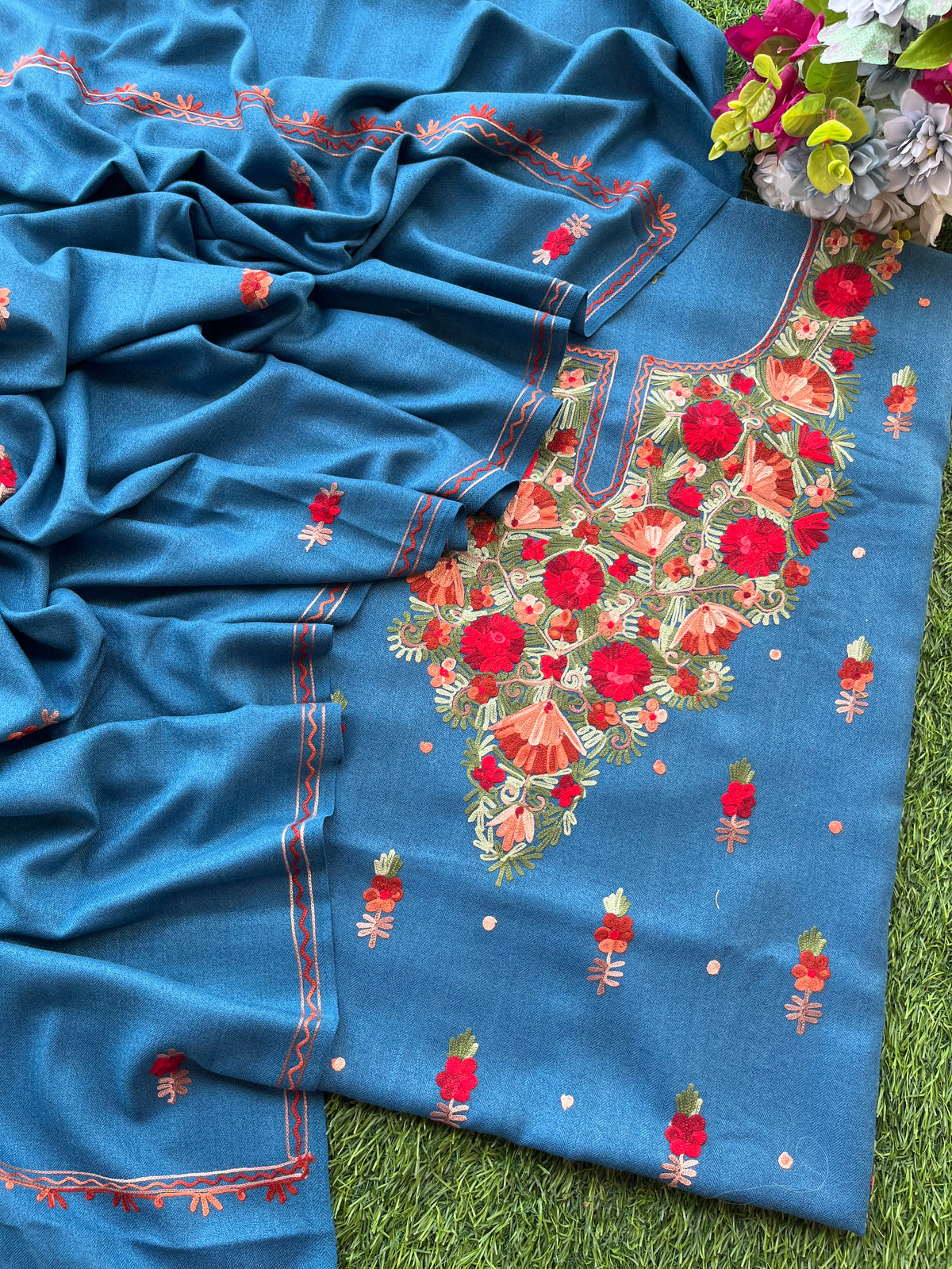 Peacock Blue Woollen Aari Embroidered 3pc suit