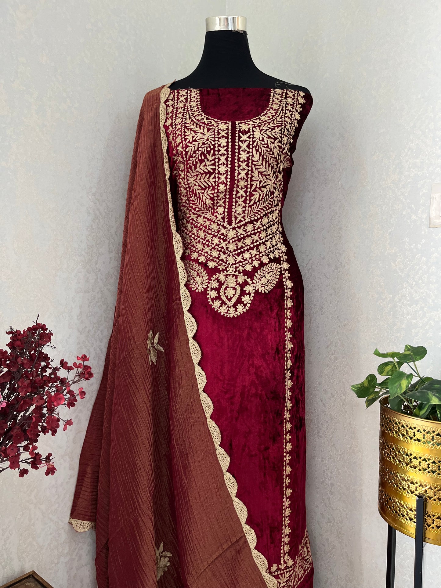Maroon Tilla Pure Makhmal 3pc Suit