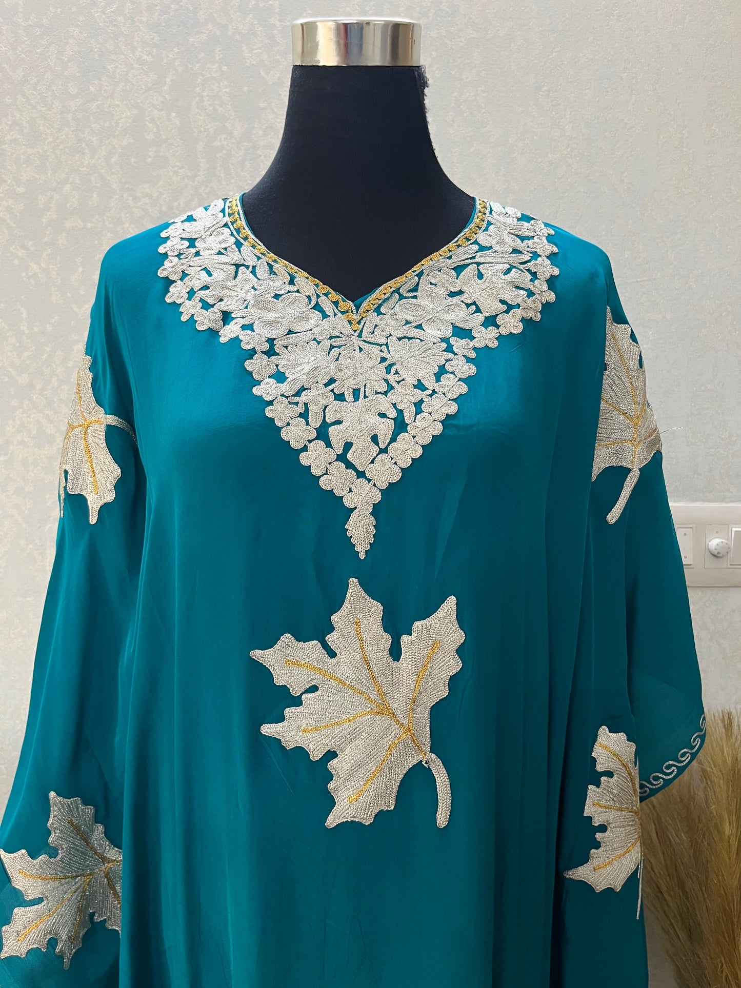 Firozi Crape Kashmiri Kaftan Set