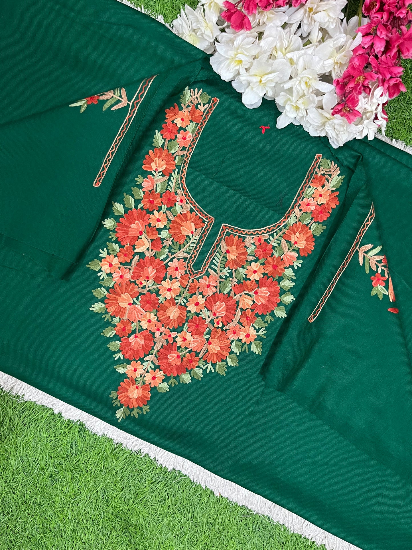 Bottle Green Woollen Aari Embroidered 2pc suit 5mtr