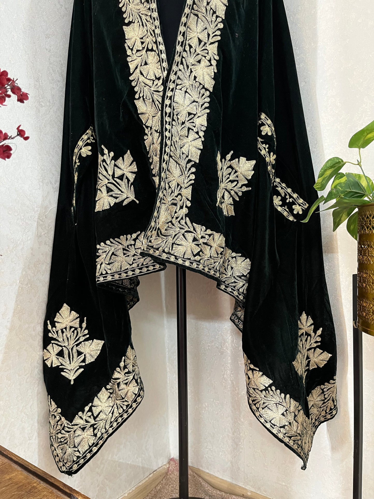 Bottle Green Tilla Embroidered Velvet Cape