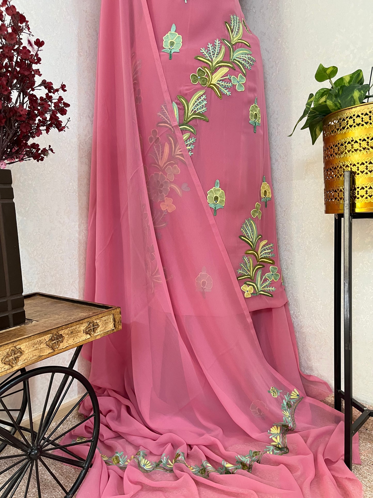 Onion Pink Georgette 3 Pc Aari Embroidered Suit