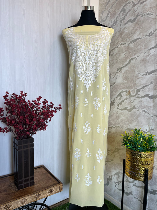 Georgette Lemon Yellow All over Work Aari Embroidered Unstitched Kurta Material