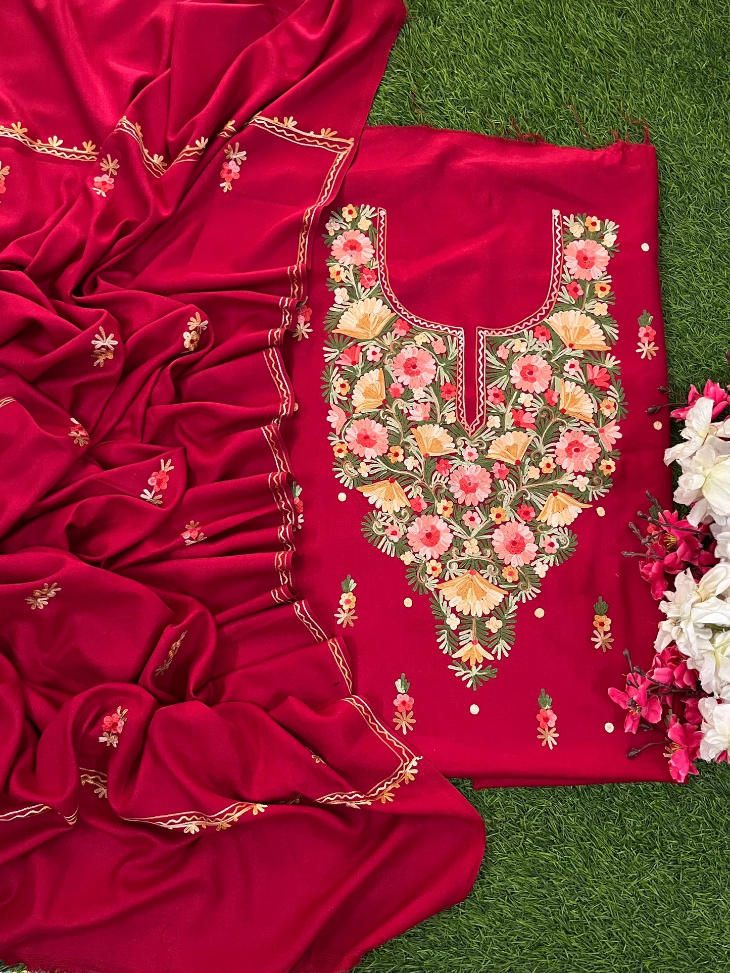 Maroon Woollen Aari Embroidered 3pc suit