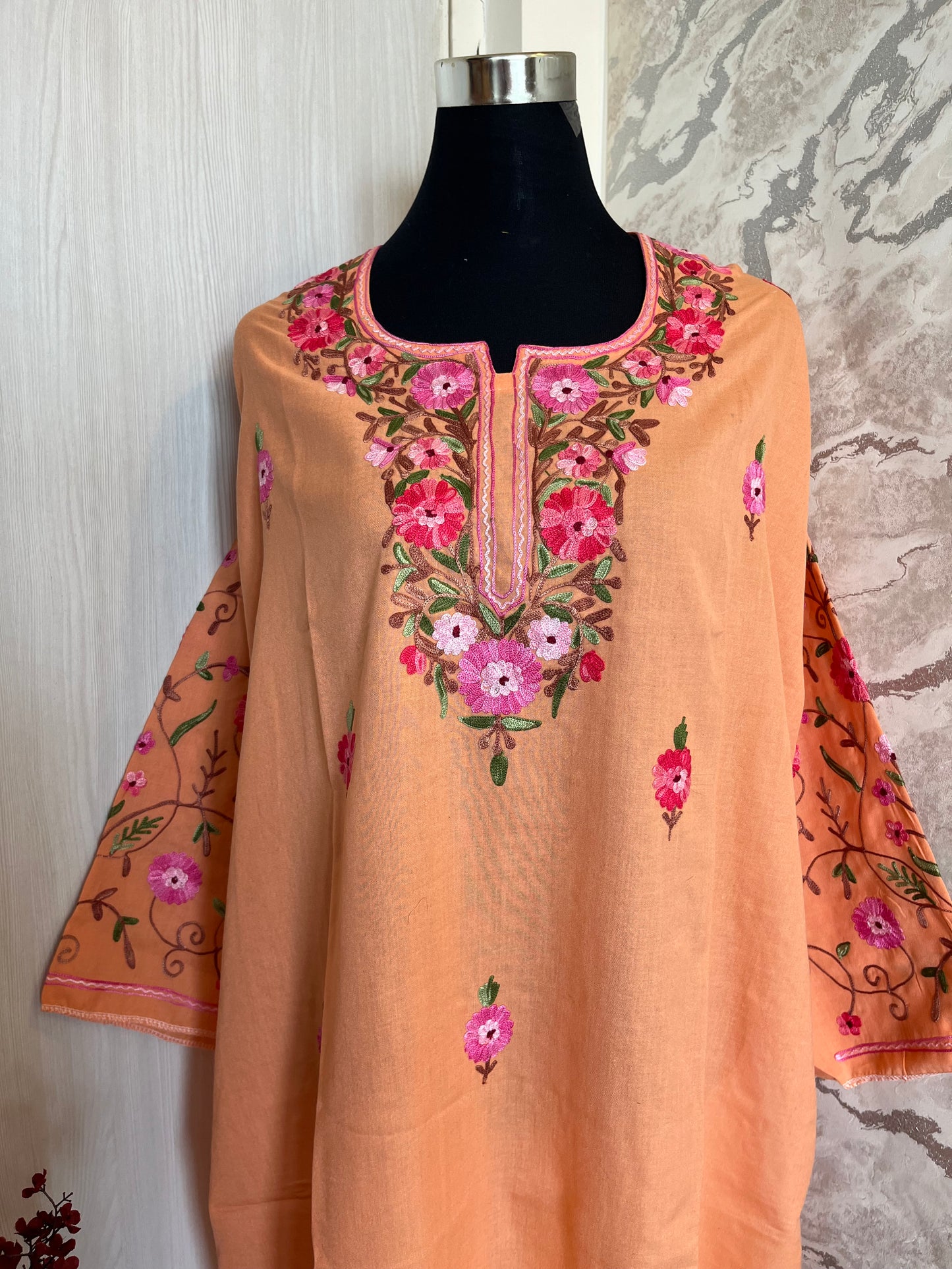 ‘Bageecha’ Peach Cotton Semi Stitched Cream Aari Work Kurti