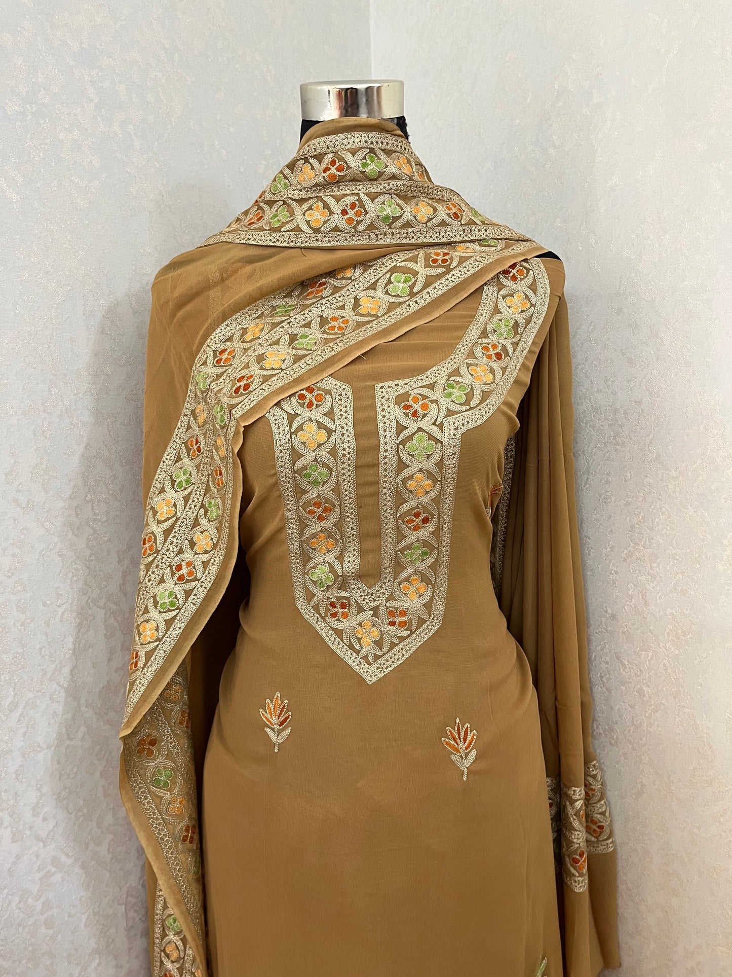 Golden Pure Georgette 3Pc Kashmiri Embroidered Suit