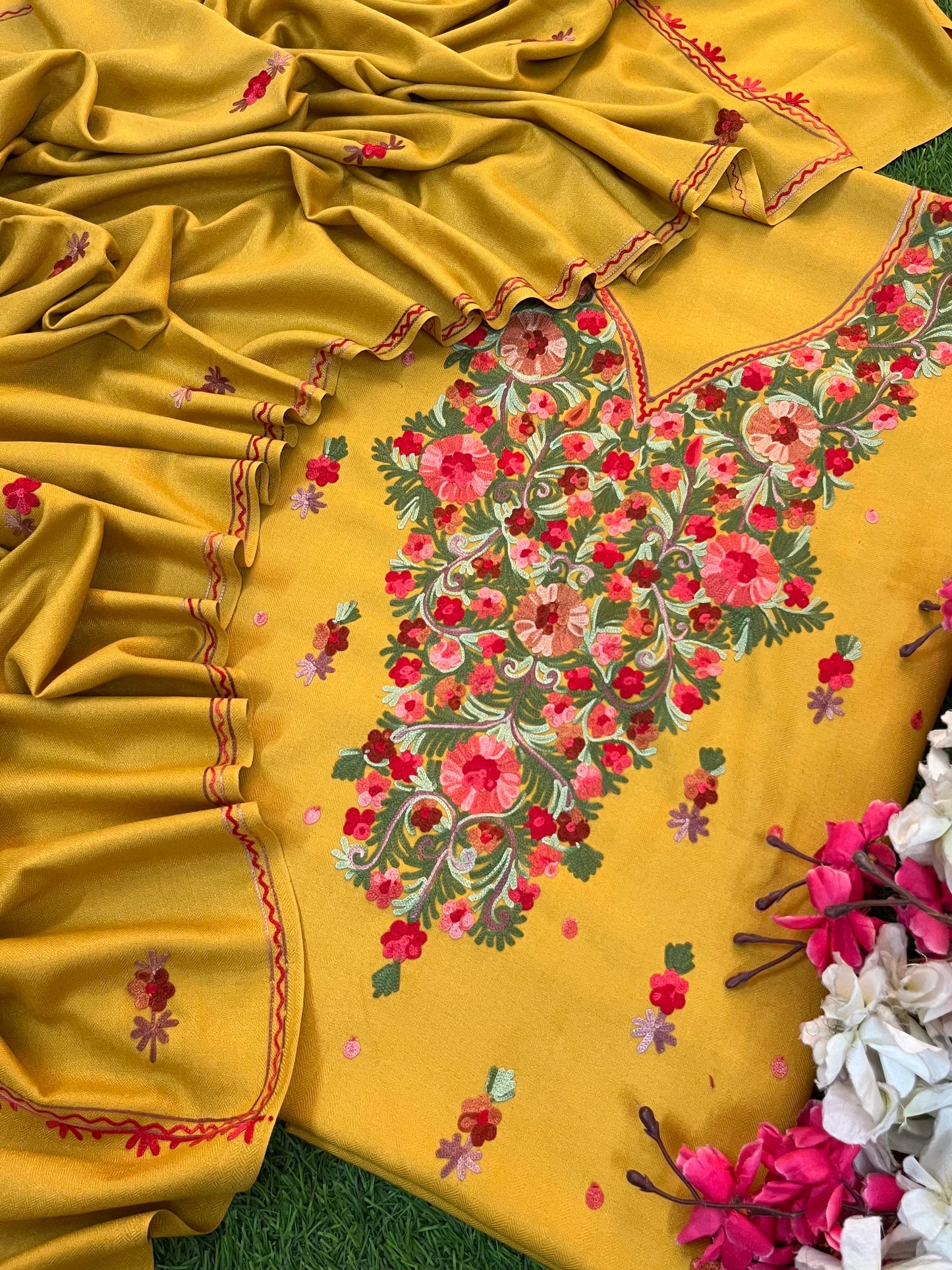 Yellow Woollen Aari Embroidered 3pc suit