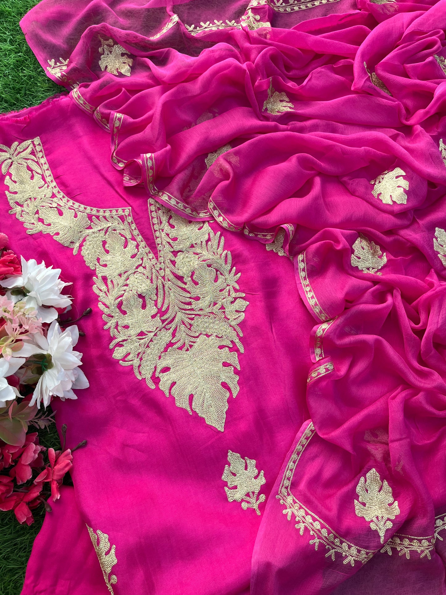 Hot Pink Silk Tilla Kashmiri Suit