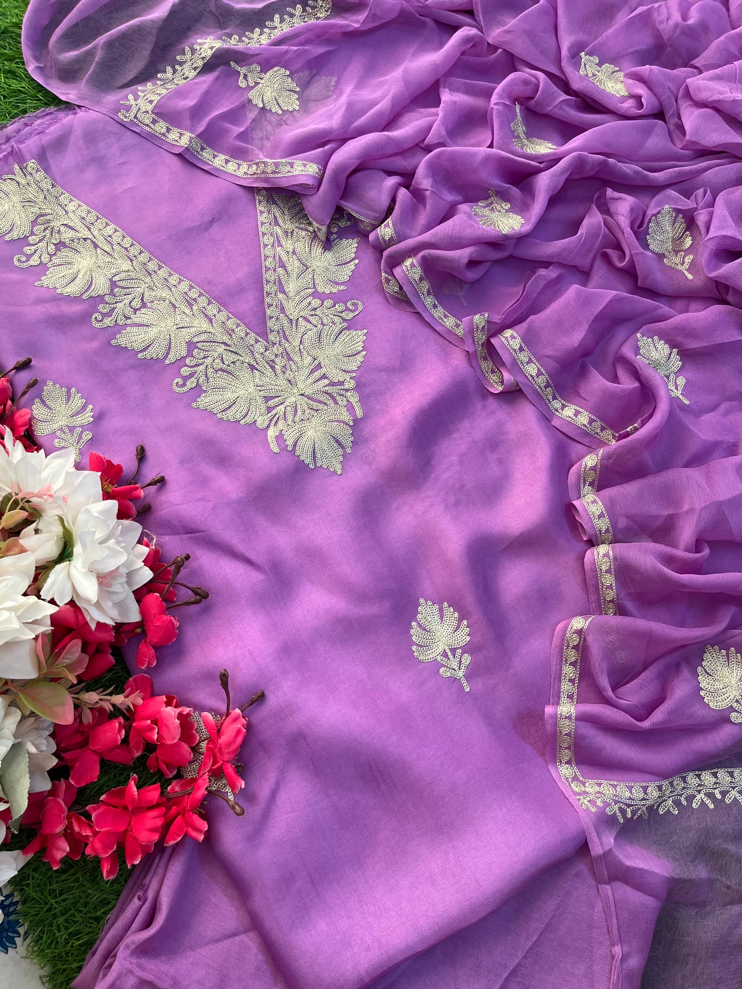 Lavender Silk Tilla Kashmiri Suit