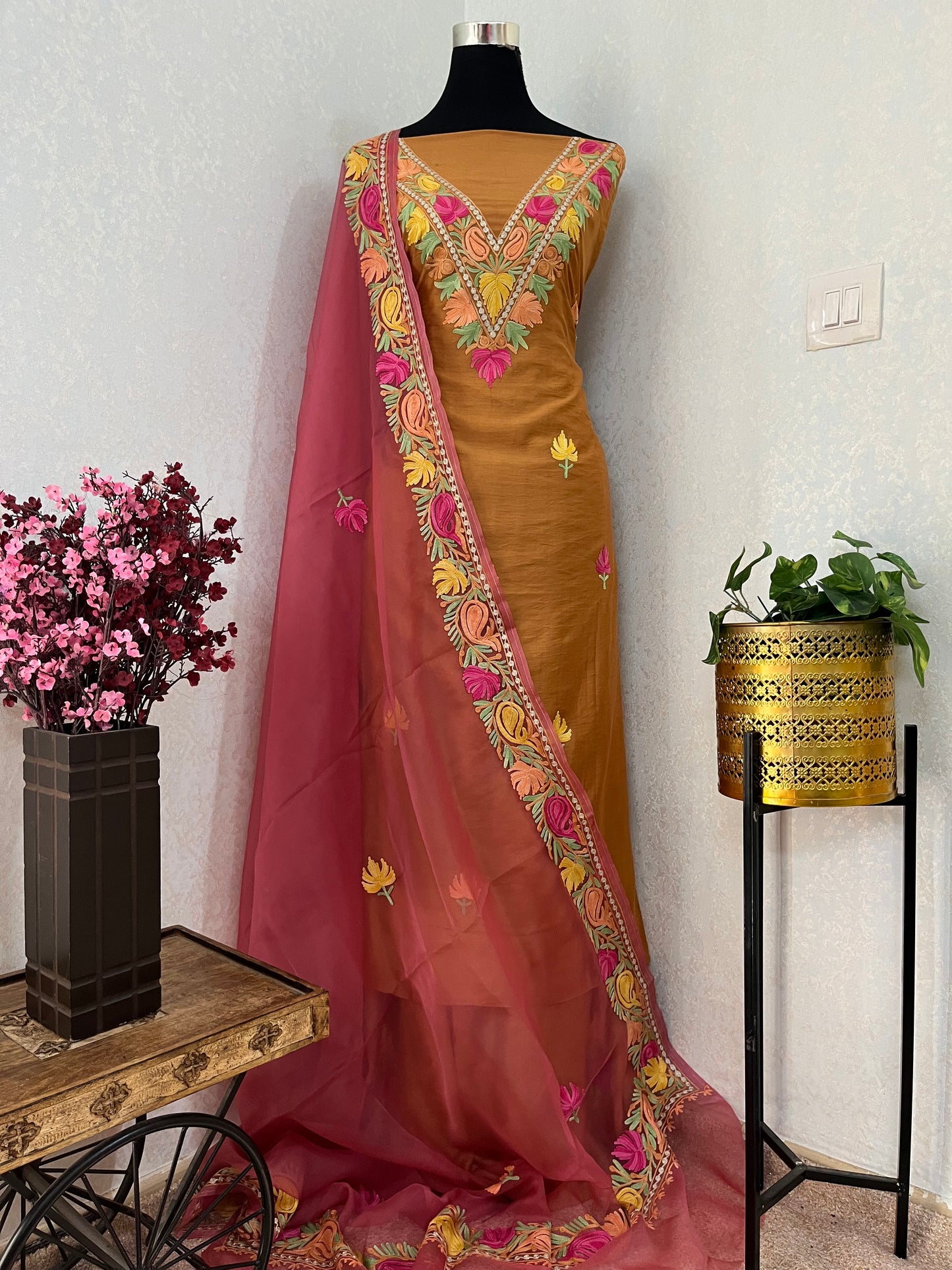 Soft Brown Chanderi Silk Kashmiri Suit
