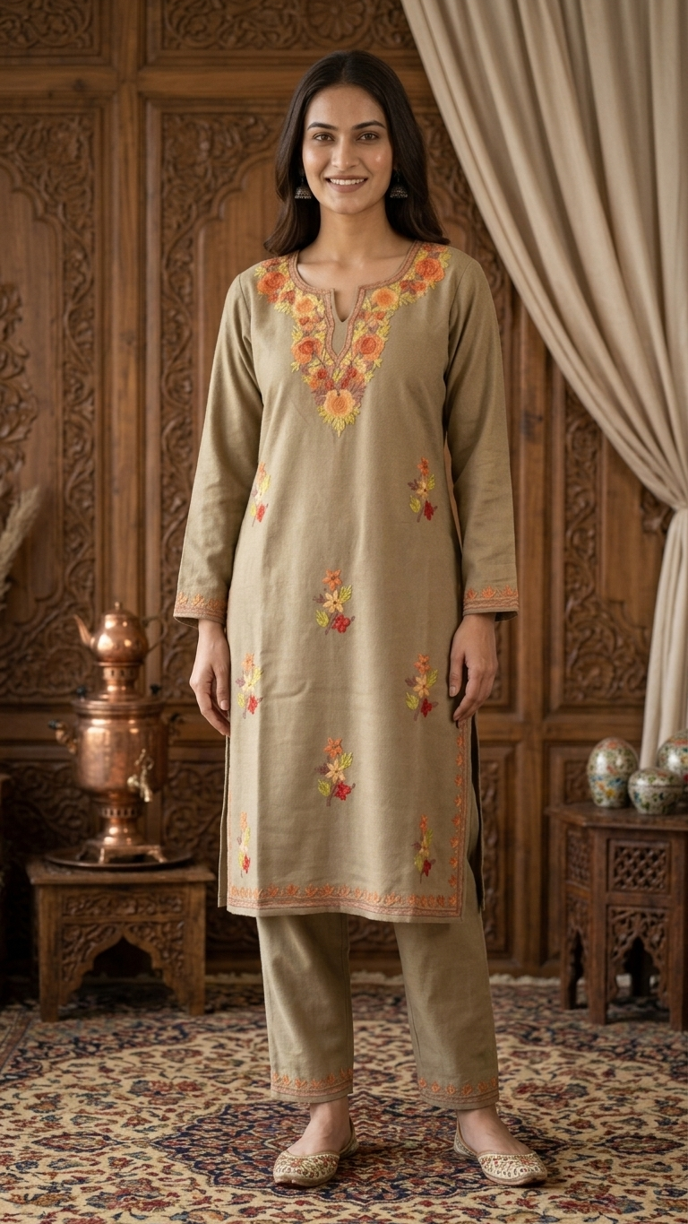 Beige Woollen Kashmiri Co-Ord Set ( Size 42)